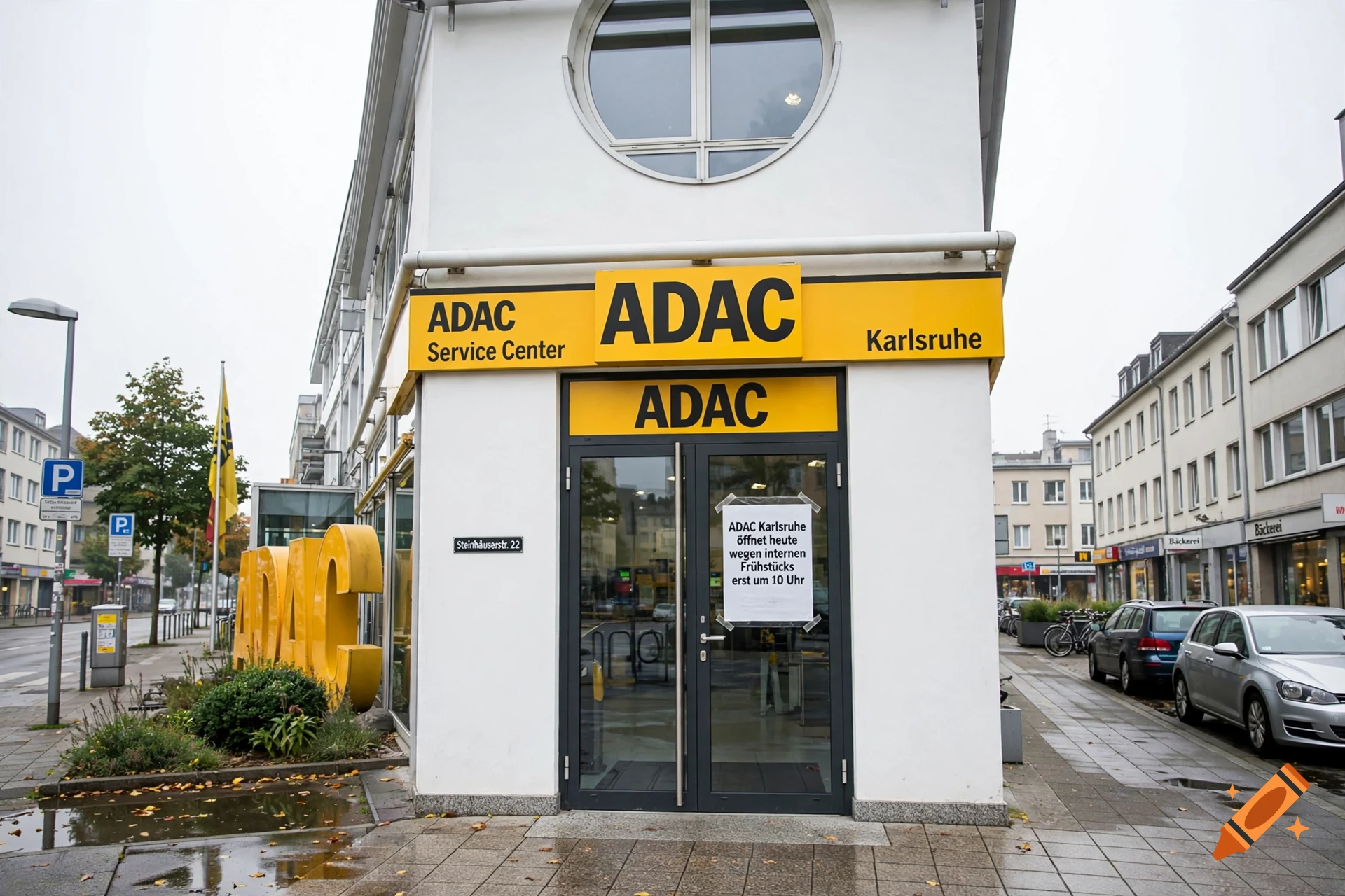 Photorealistic street view of an ADAC service center building with yellow signage and a notice posted on the glass door.