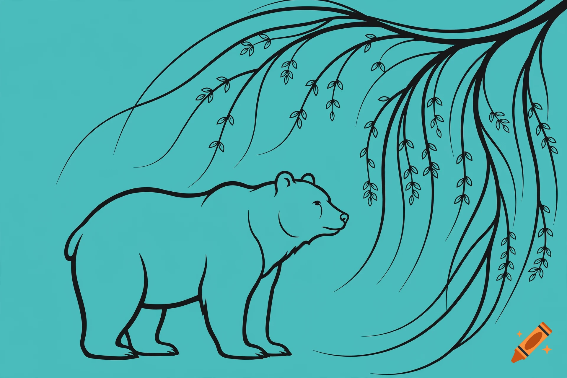 A black vector line art illustration of a bear standing beneath a weeping tree branch against a solid teal background.