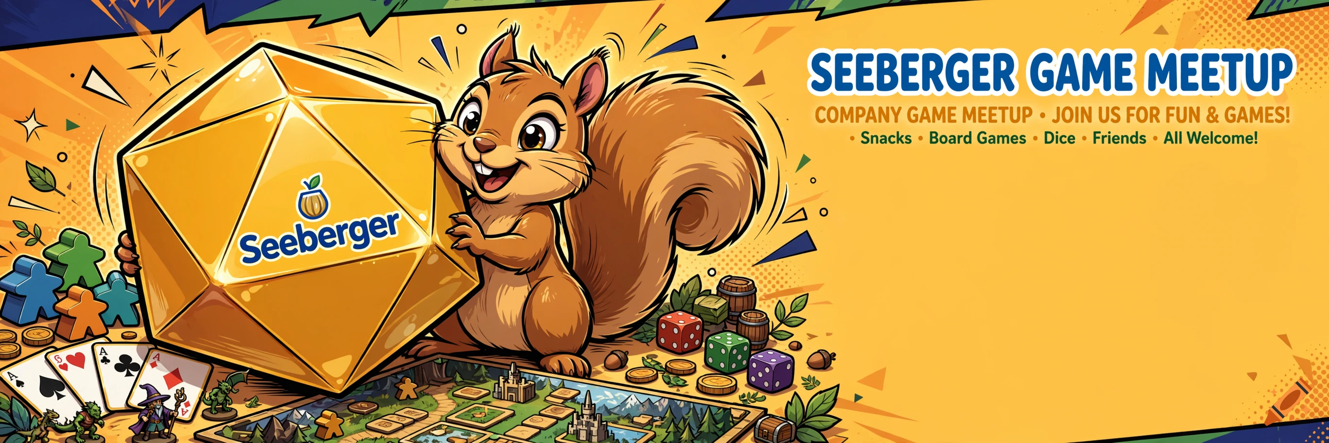 Comic style banner featuring a playful squirrel holding a giant gold die with a Seeberger logo, surrounded by board game pieces.