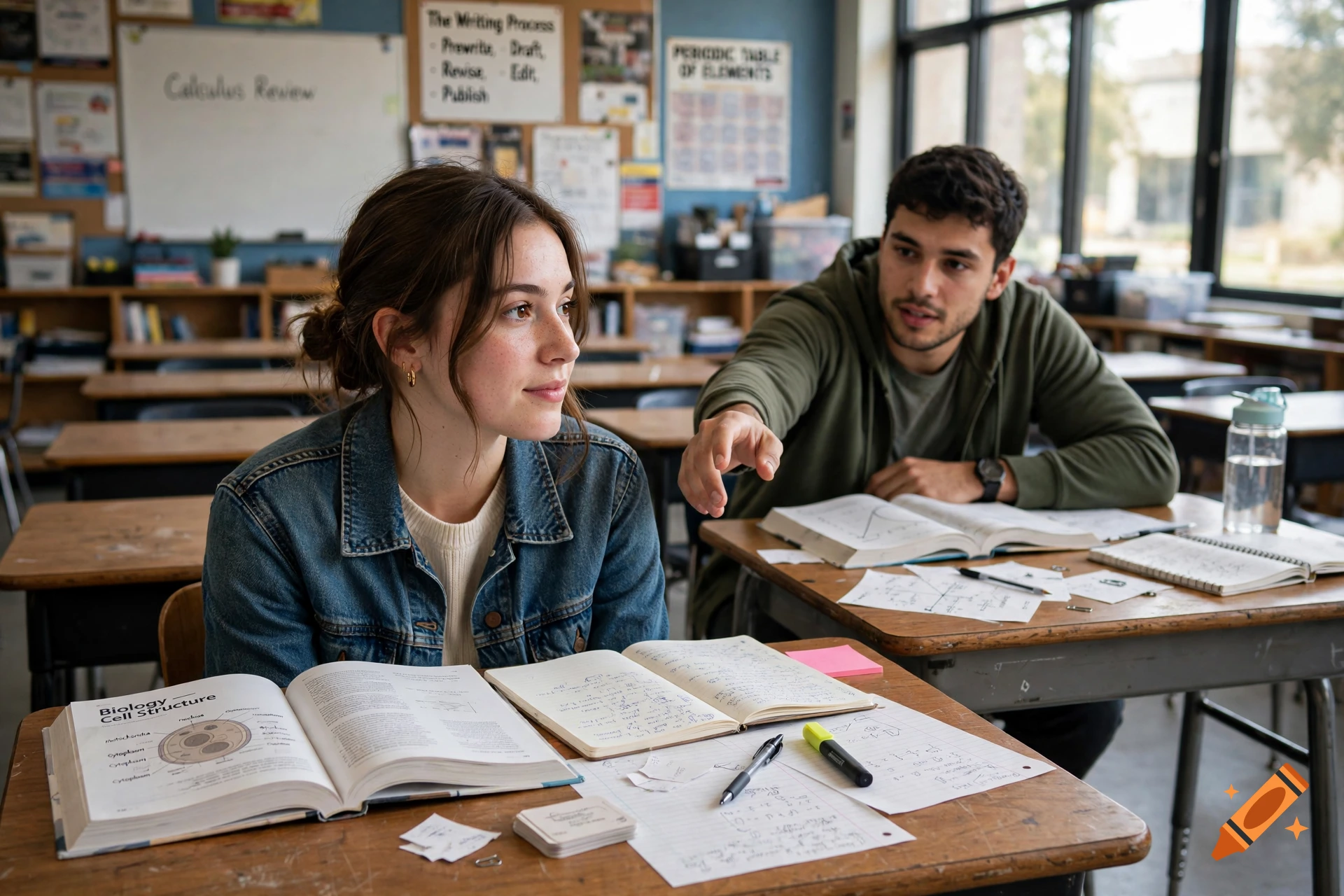 Photorealistic image of two students sitting at desks in a classroom, with the male student pointing forward.