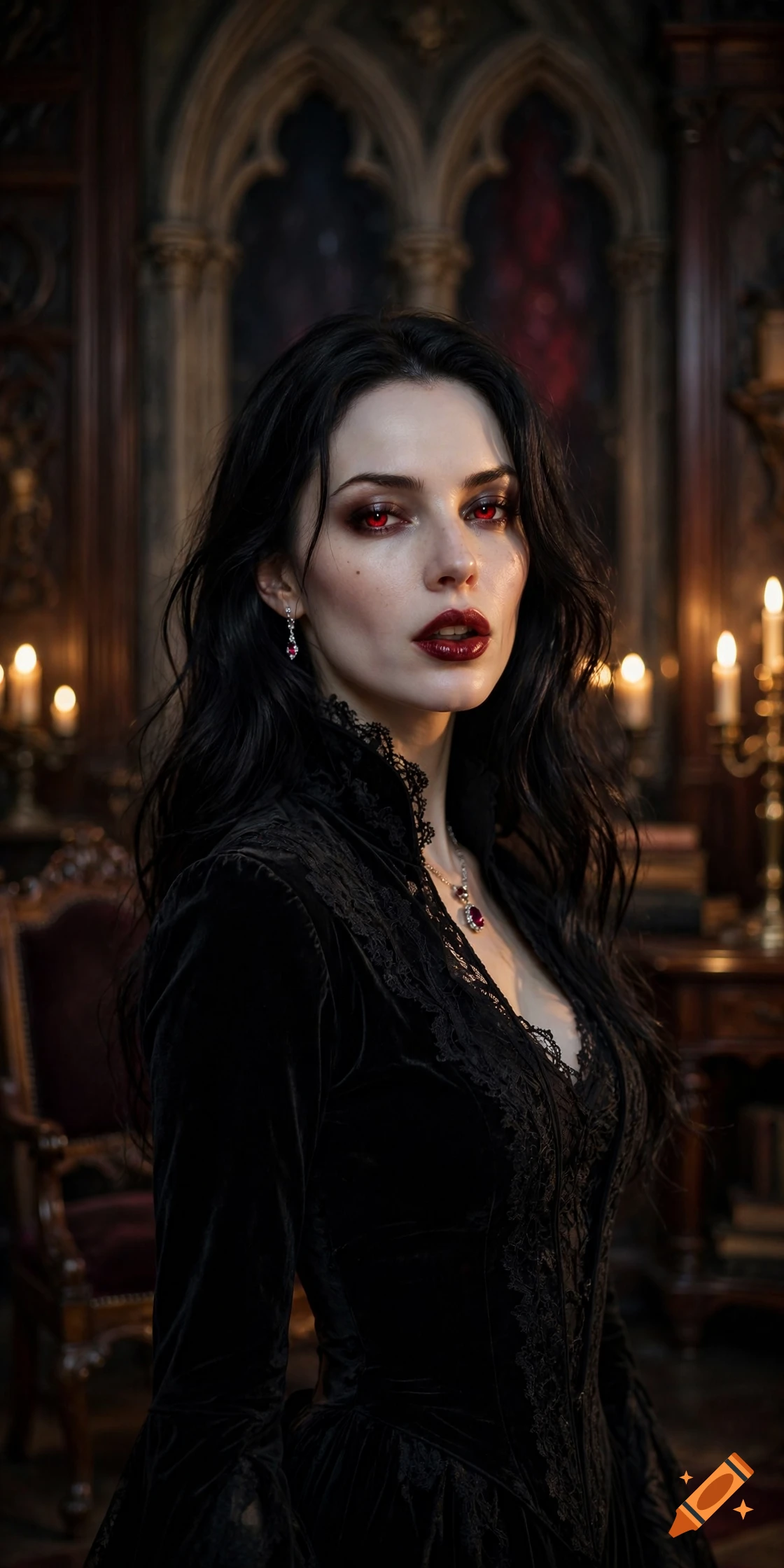 Photorealistic portrait of a female vampire with pale skin, long black hair, and glowing red eyes in a gothic room.