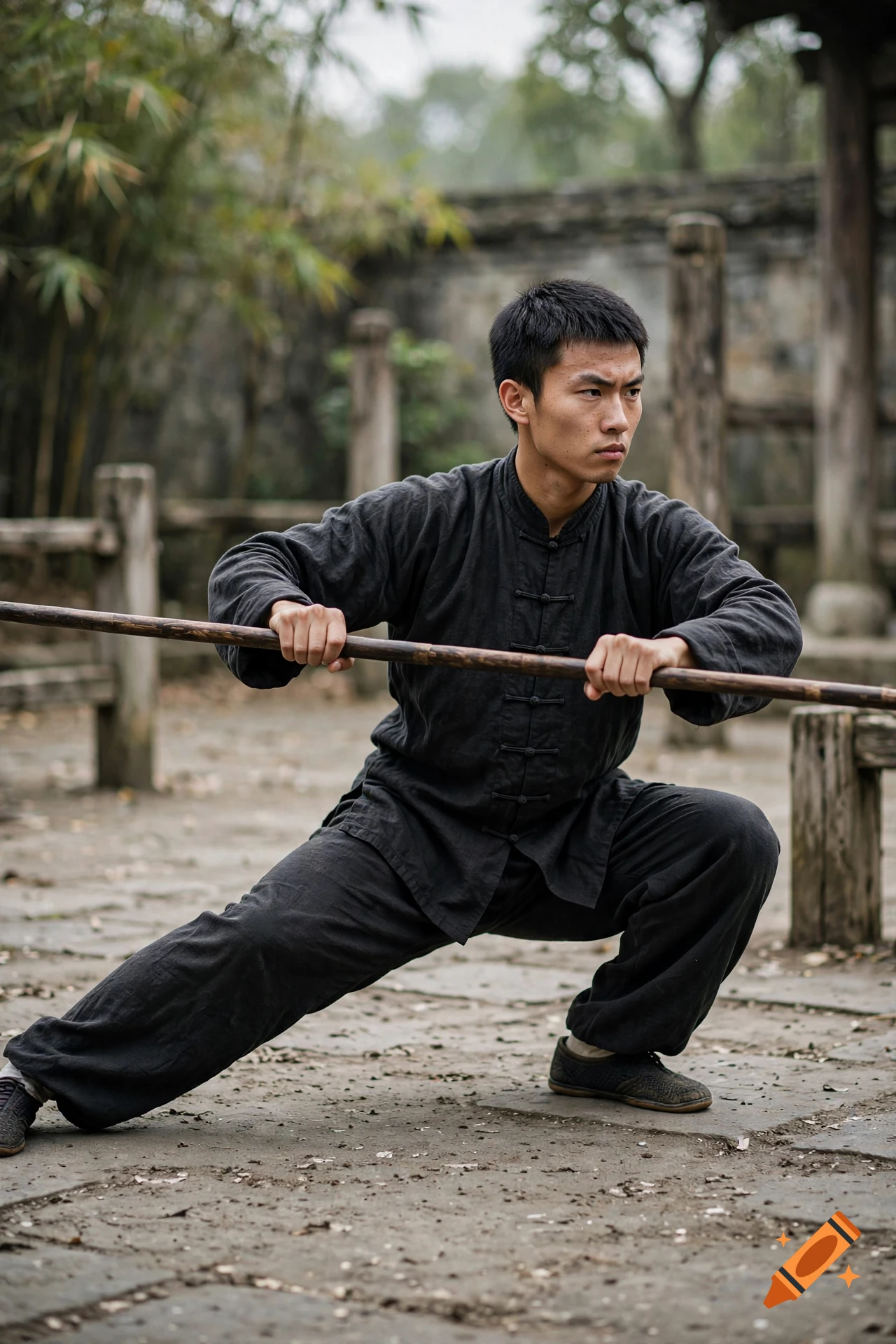 Photorealistic image of a young man in black traditional Chinese clothing performing a kung fu pose with a wooden staff outdoors.