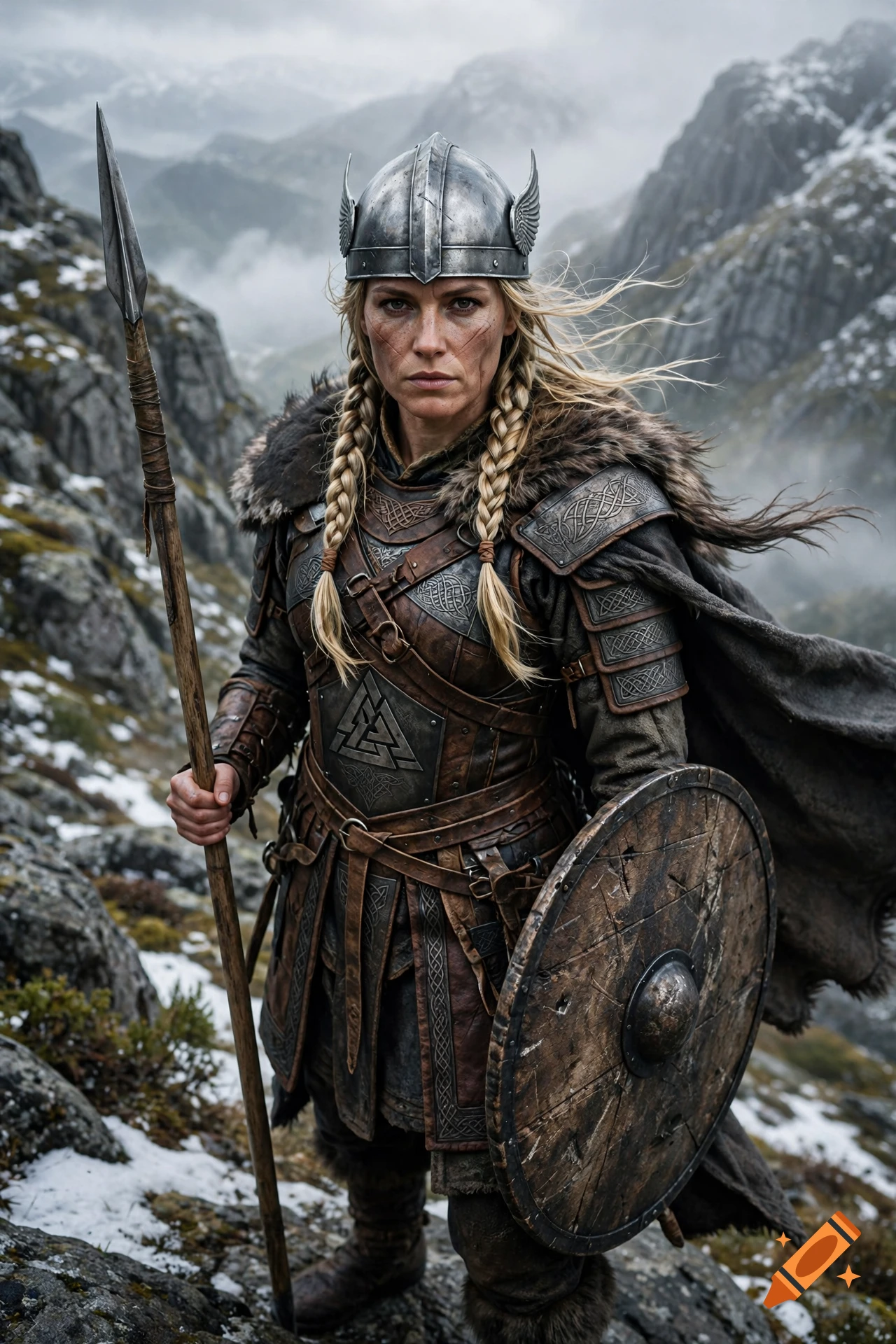 Photorealistic portrait of a female warrior in Viking armor holding a spear and shield in a snowy mountainous landscape.