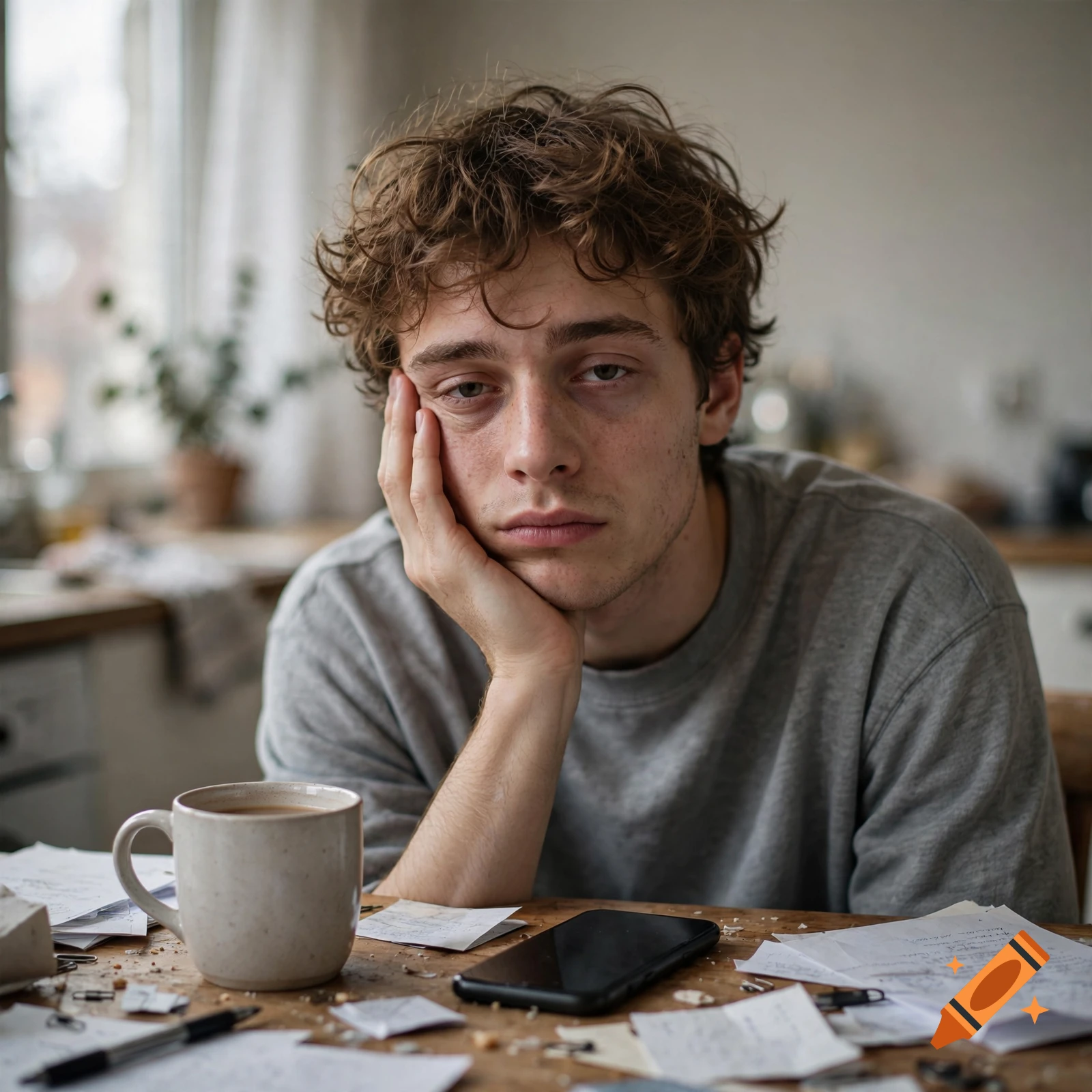 Photorealistic close-up of a tired young man resting his head on his hand at a messy wooden table with a coffee mug and papers.