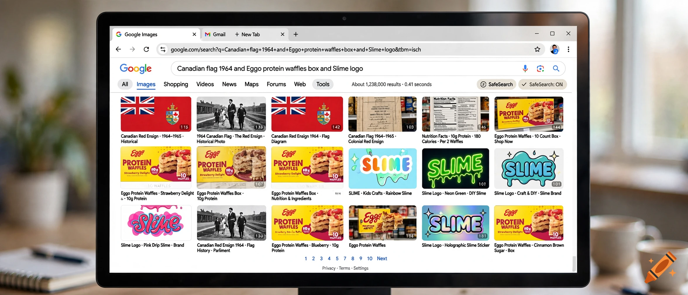A computer monitor displaying a Google Images search results page with a search bar and multiple image thumbnails.