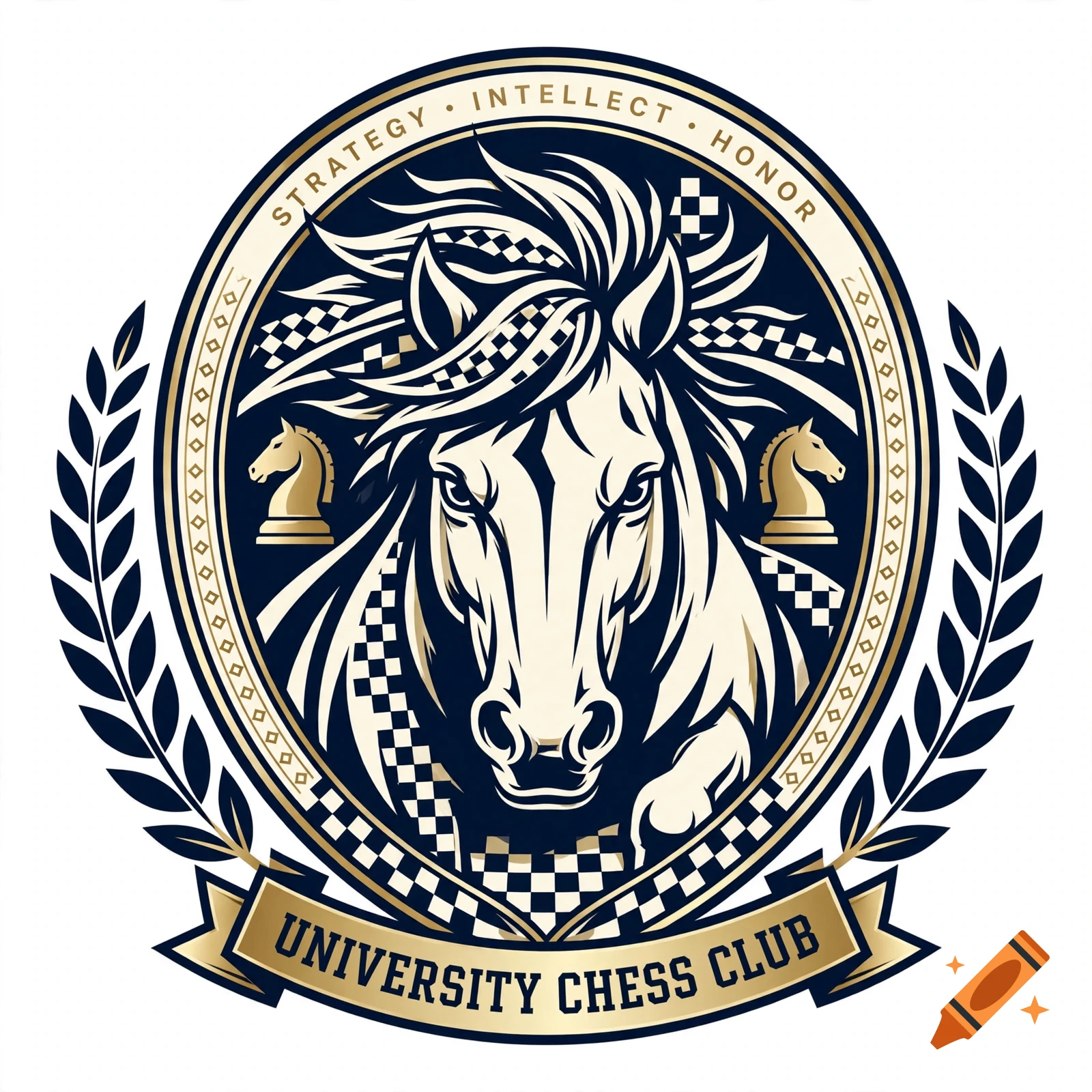 An oval emblem for the University Chess Club featuring a stylized horse head surrounded by chess knight pieces, checkerboard patterns, and laurel branches, with the text 'STRATEGY • INTELLECT • HONOR' and 'UNIVERSITY CHESS CLUB'.