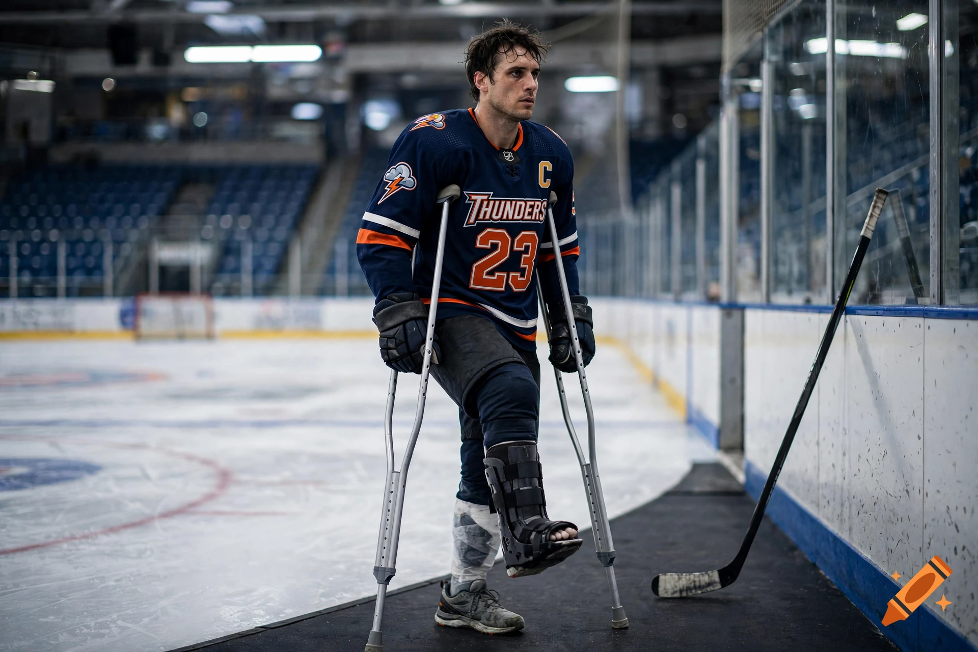Photorealistic image of a male hockey player standing on crutches with a sprained ankle in an ice rink.
