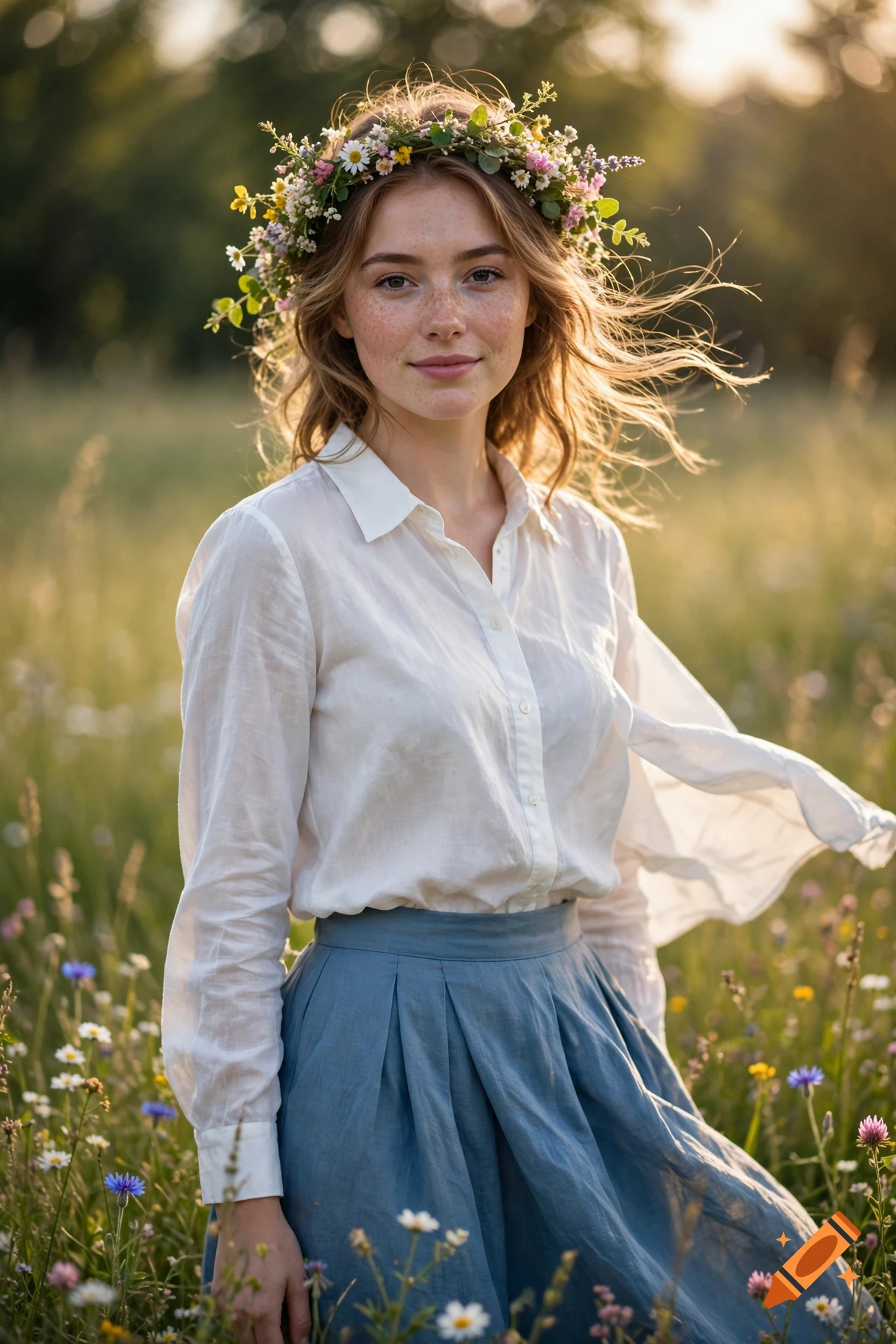 Photorealistic portrait of a young woman with freckles wearing a flower crown, white button-down shirt, and blue skirt in a sunny meadow.