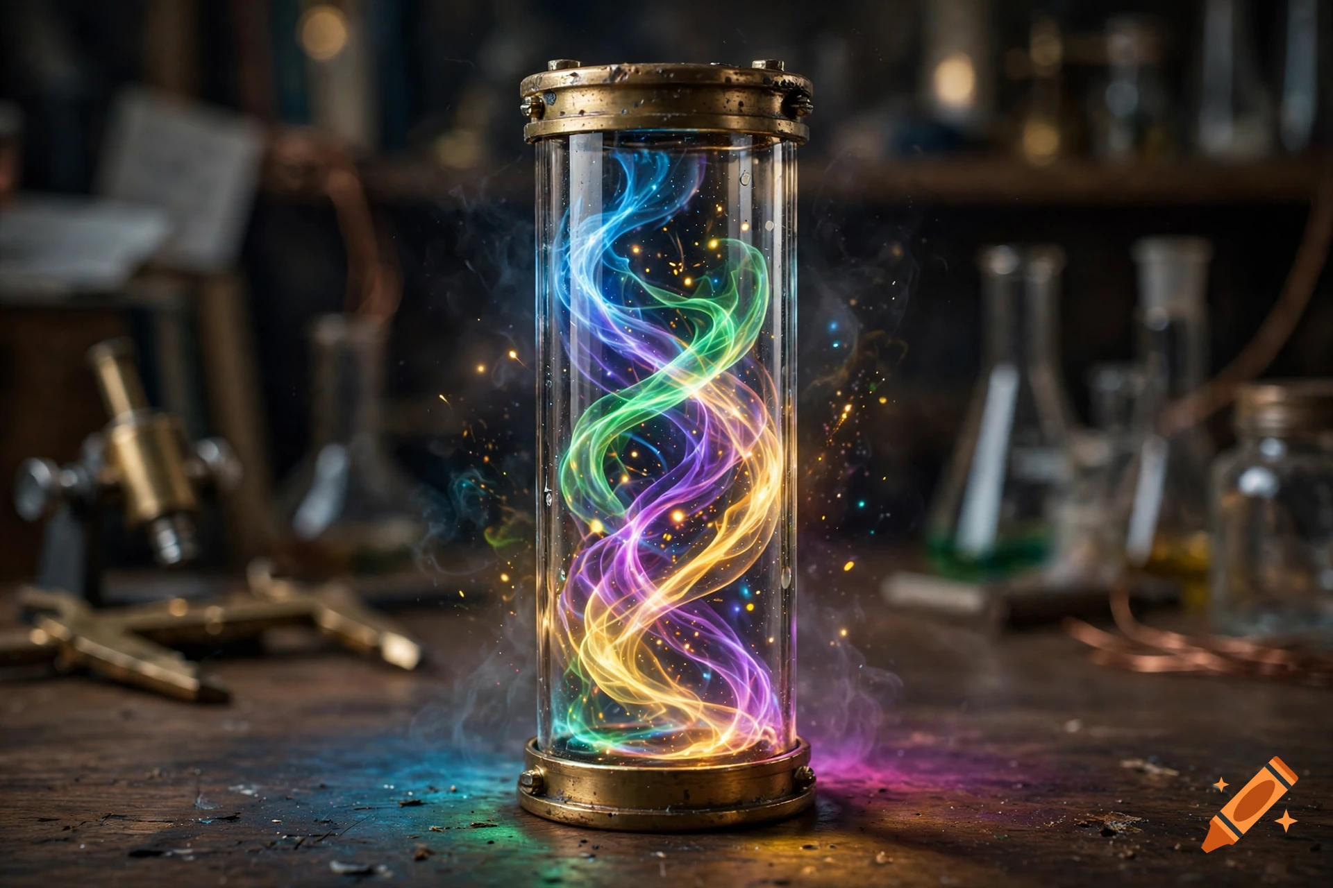 A glowing cylindrical glass tube filled with vibrant swirling colorful energy on a wooden alchemist's workbench.