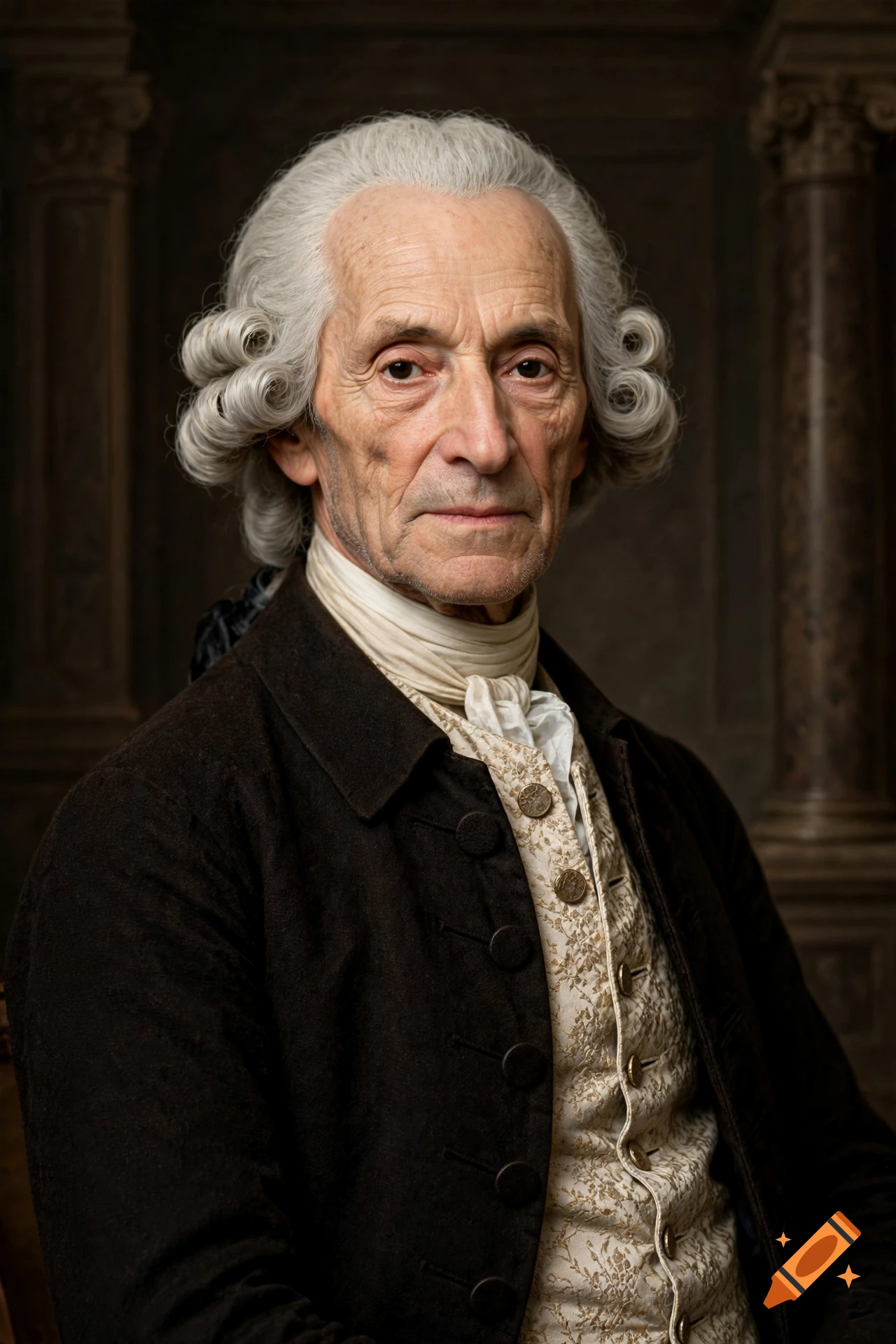 Photorealistic portrait of Voltaire with a white powdered wig, wearing a historical brown coat and cravat.