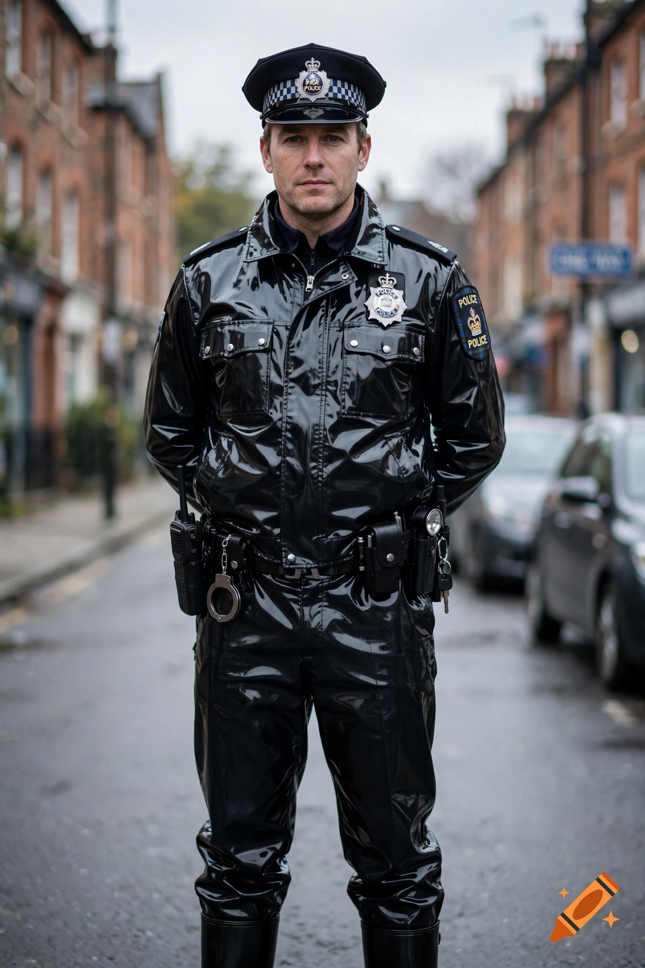 Photorealistic image of a British policeman standing on a street, wearing a shiny black PVC uniform and cap.
