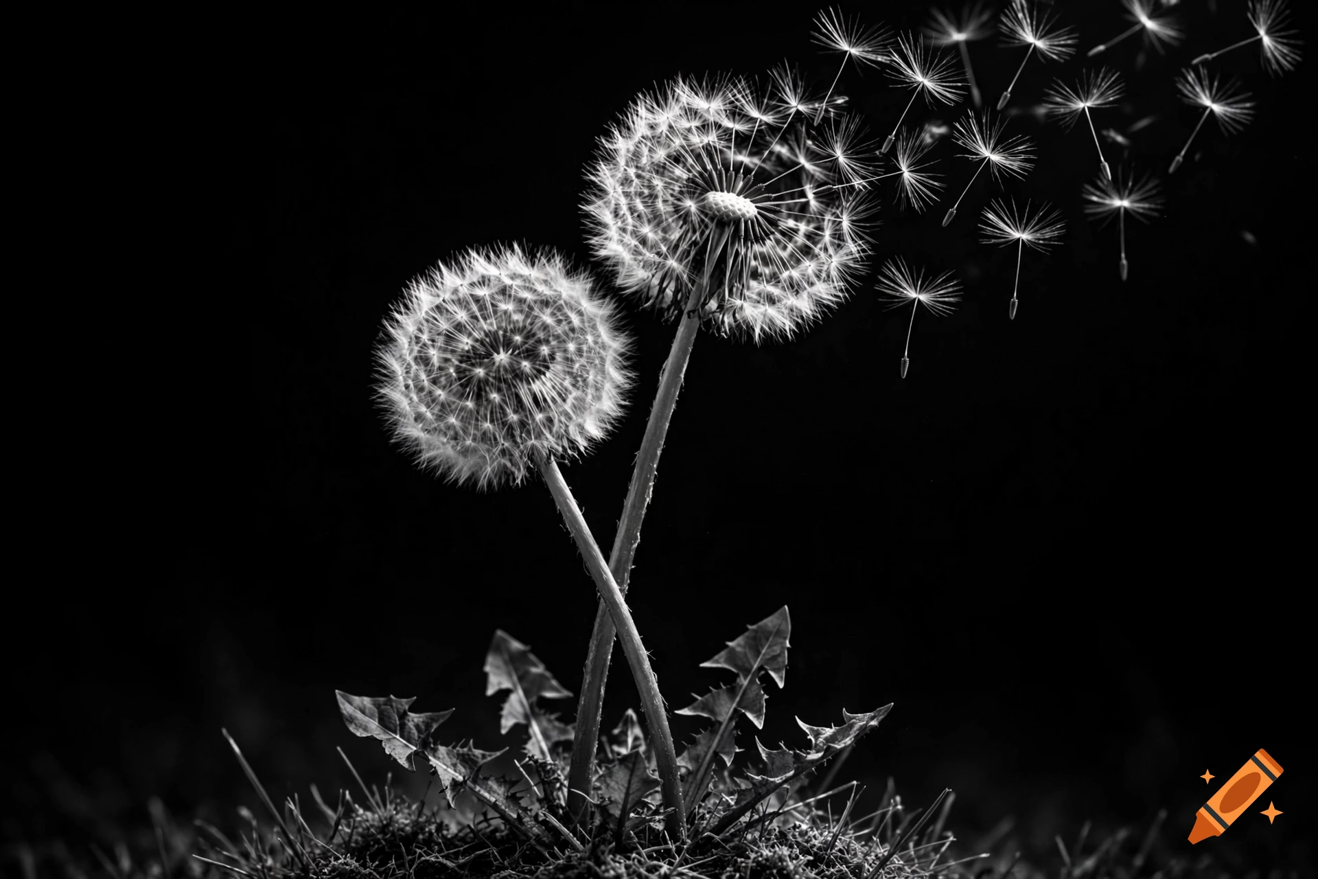 A black and white photograph of two dandelion heads with long stems crossed, seeds blowing away in the wind against a black background.