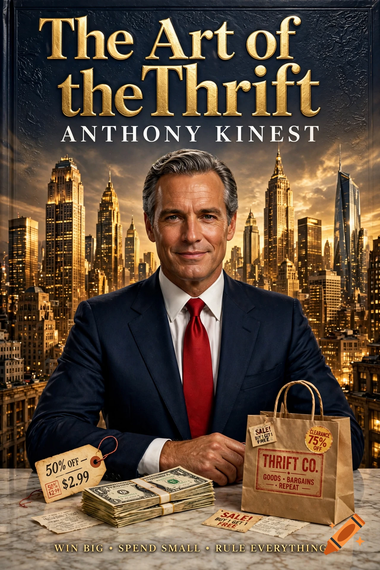 Photorealistic book cover parody titled The Art of the Thrift featuring a smiling man in a suit against a city skyline.