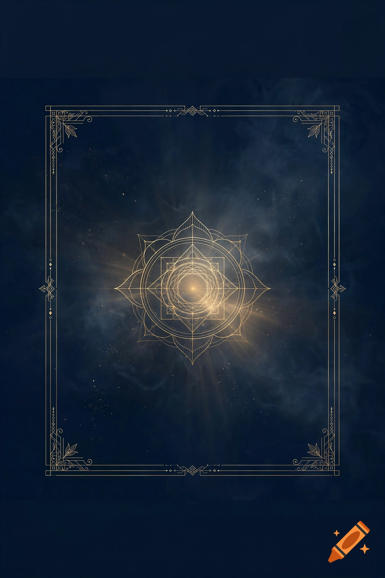 Minimalist digital artwork with a glowing gold mandala and intricate frame on a dark blue background.