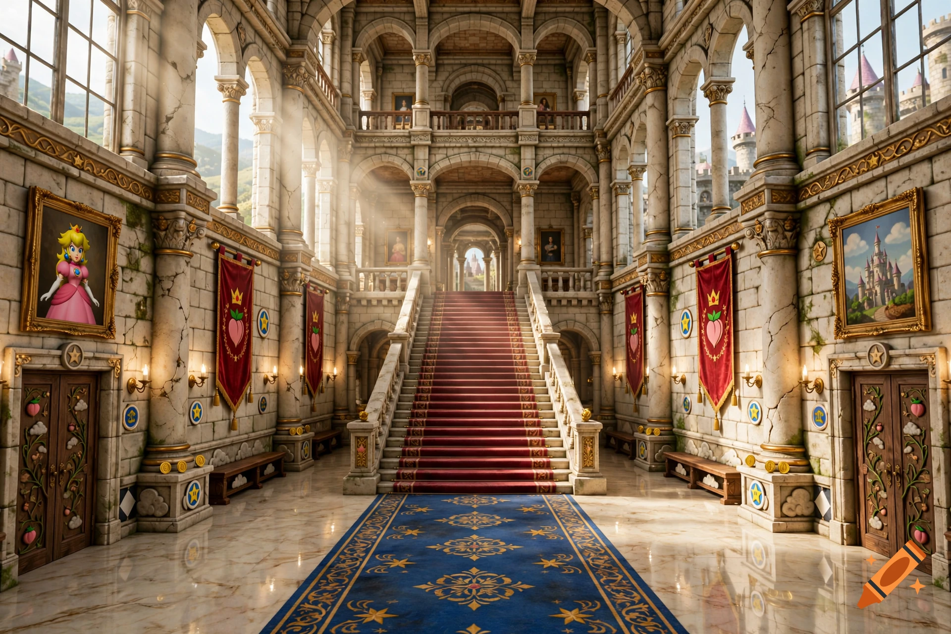 Real-life photorealistic interior of Princess Peach's castle from Super Mario 64, featuring a grand staircase, stone arches, and paintings.