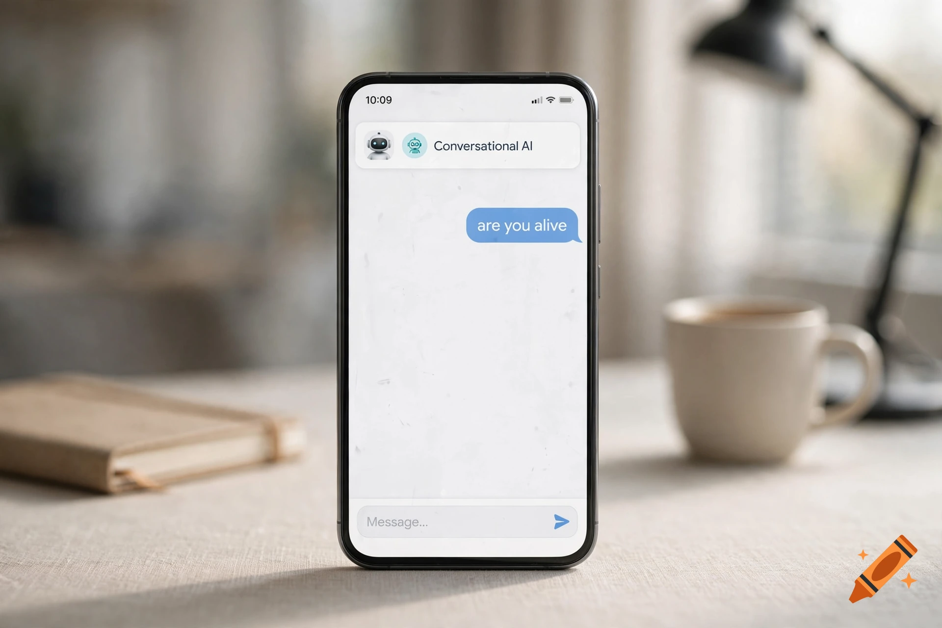 Close-up photorealistic shot of a smartphone displaying a chat message saying 'are you alive' on a wooden table.
