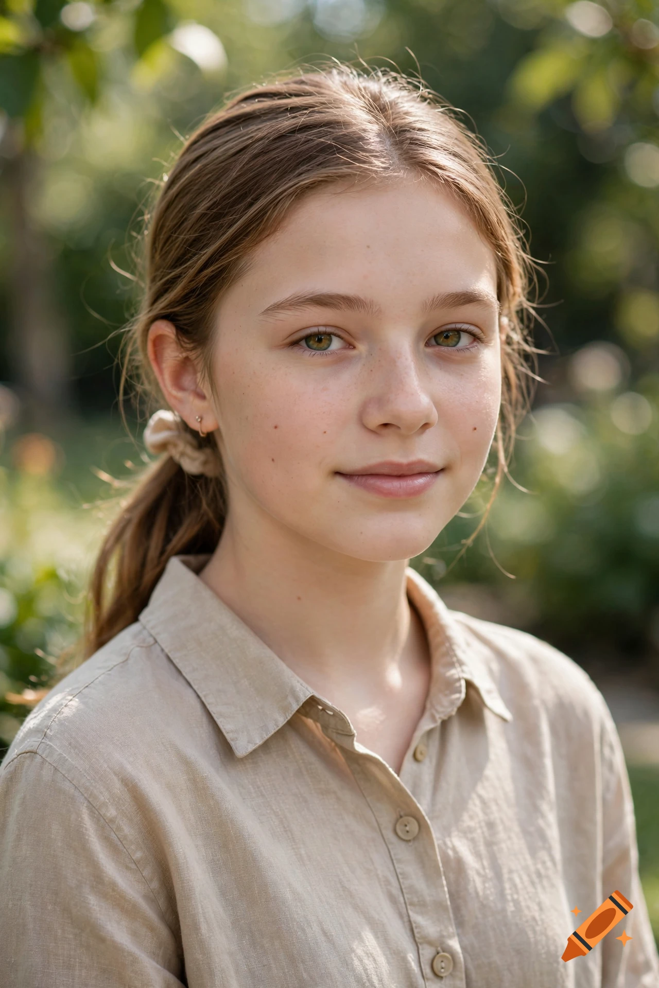 A close-up portrait of a young person with light brown hair tied back and a light-colored button-down shirt outdoors.