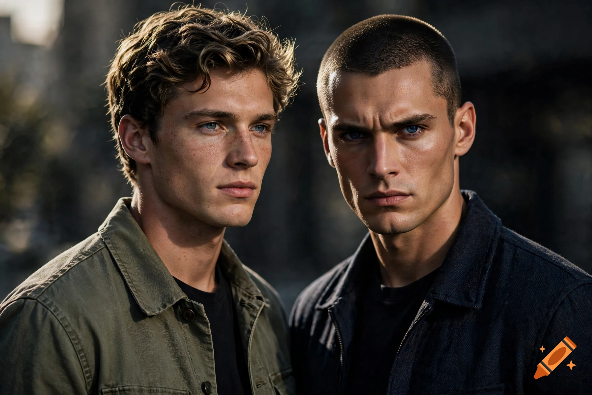 Photorealistic cinematic portrait of two young men standing side-by-side outdoors.