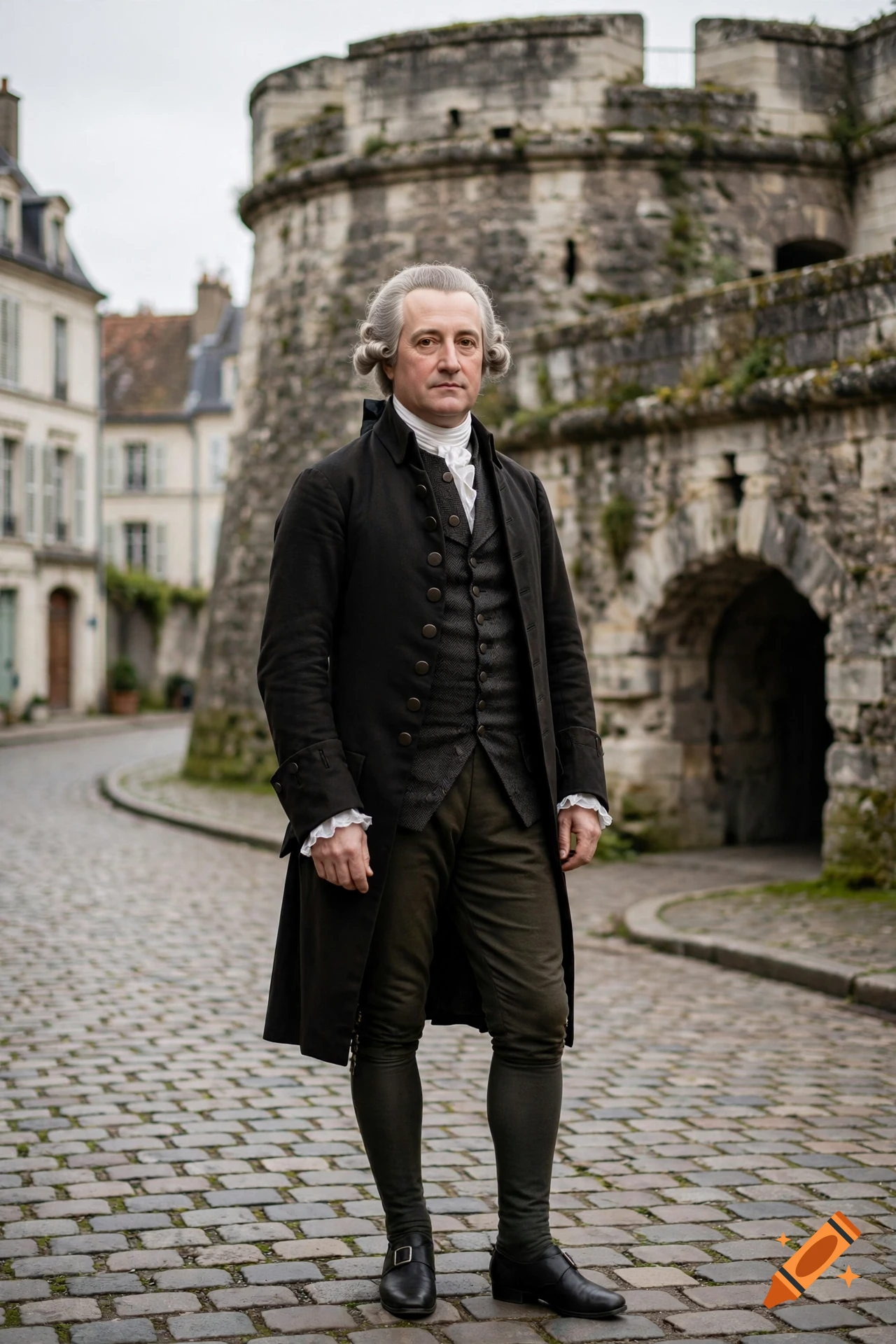 A man in 18th-century historical attire, including a powdered wig, black coat, waistcoat, and breeches, standing on a cobblestone street before a stone fortress.