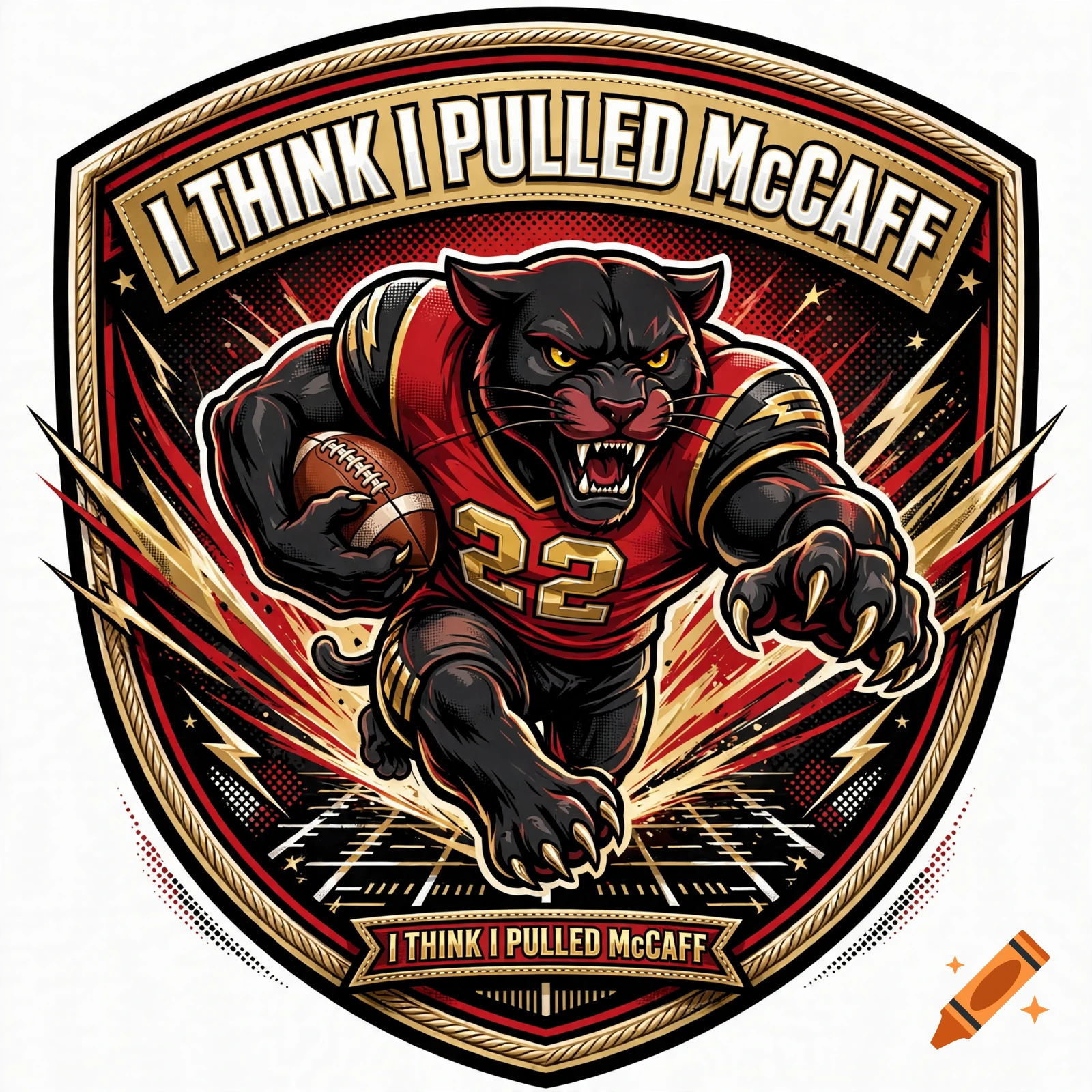 Fantasy football logo featuring an aggressive black panther in a red and gold jersey holding a football, graphic illustration style.