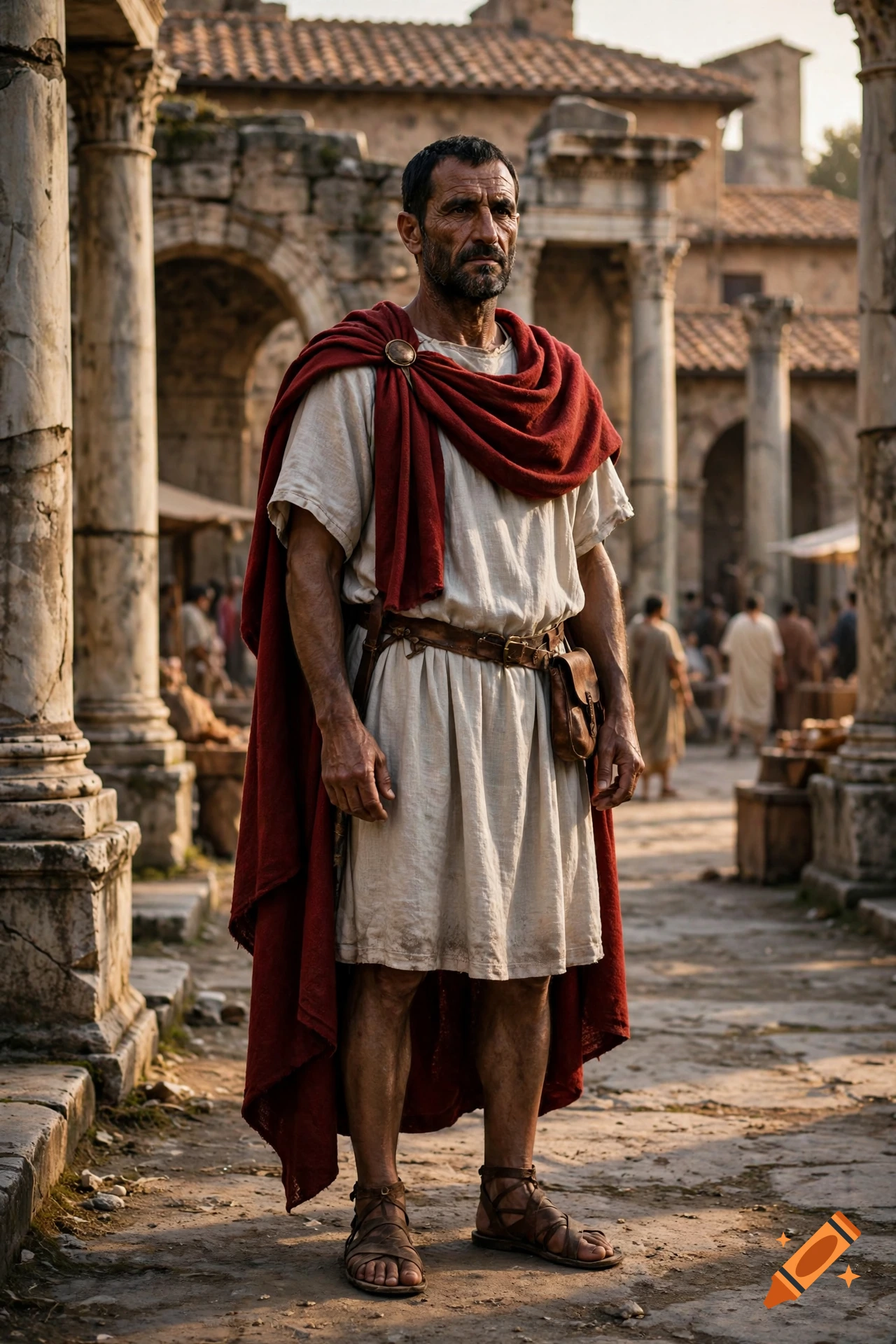 Photorealistic portrait of a Roman man with short dark hair and a beard, wearing a tunic and red cloak, standing in an ancient Roman street.