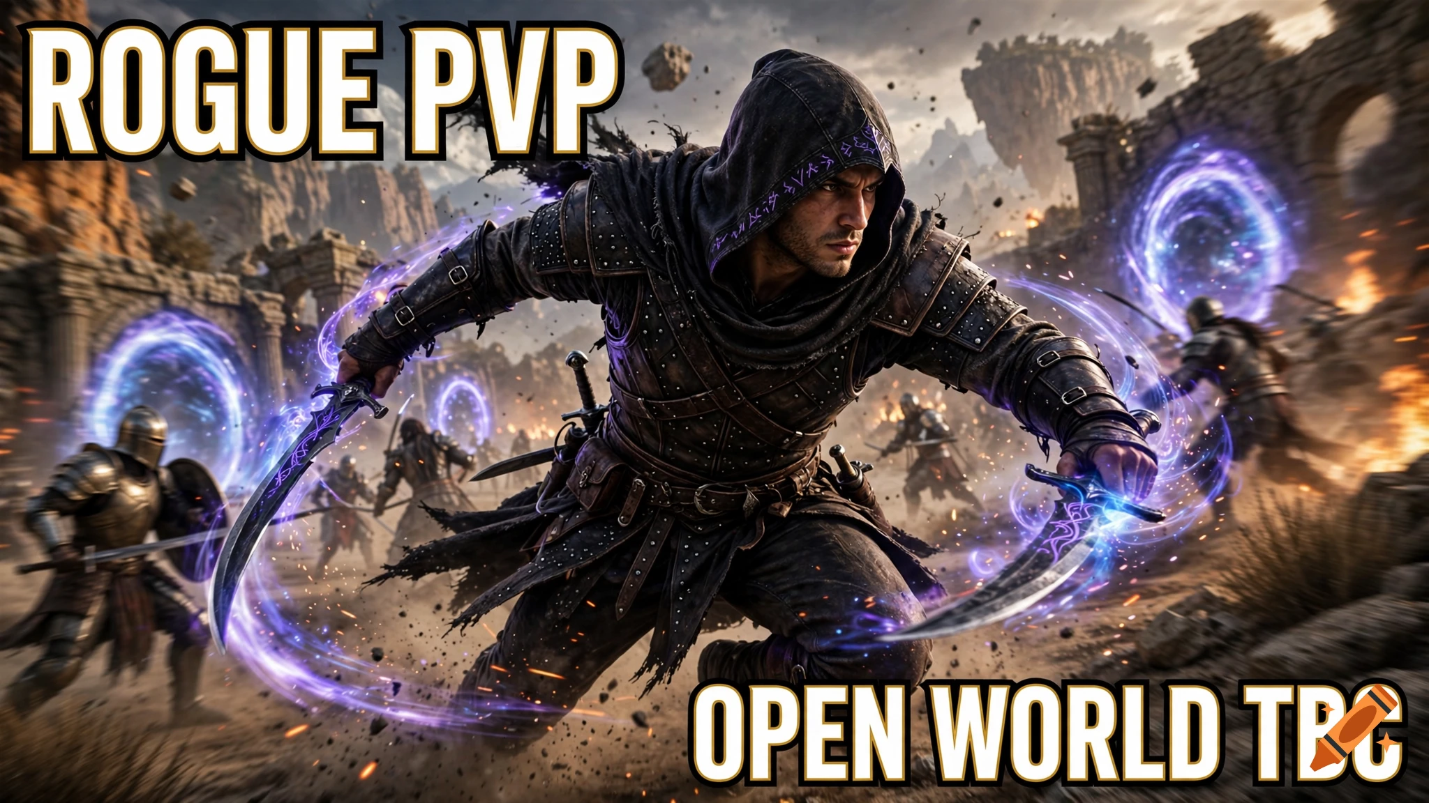 A hooded warrior in dark armor wields glowing purple daggers amid a chaotic battlefield with floating islands and magic portals.