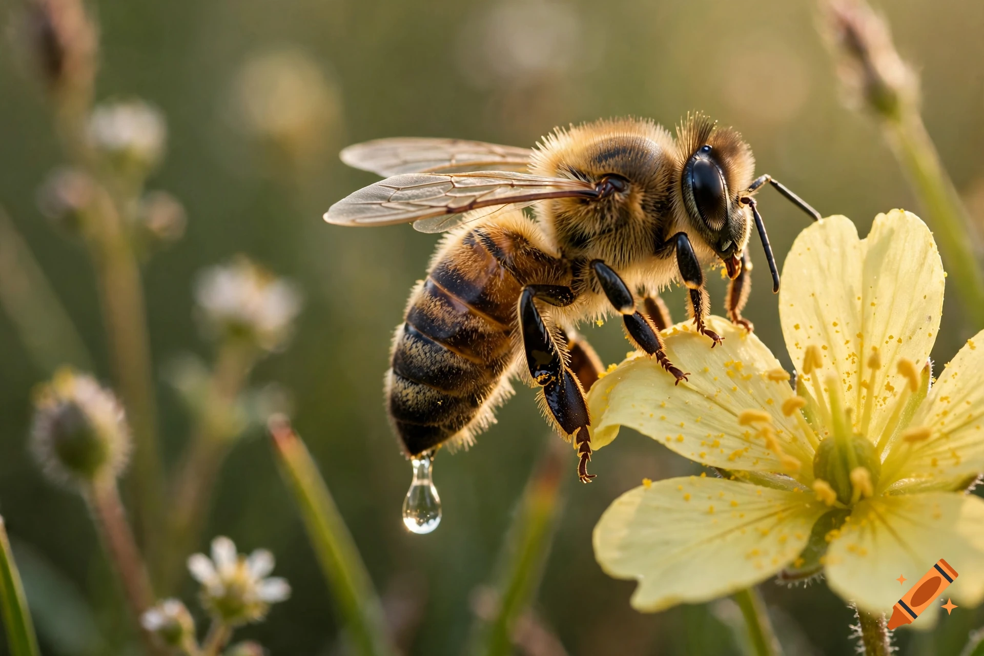Close-up photorealistic image of a bee on a yellow flower with a water droplet on its abdomen.