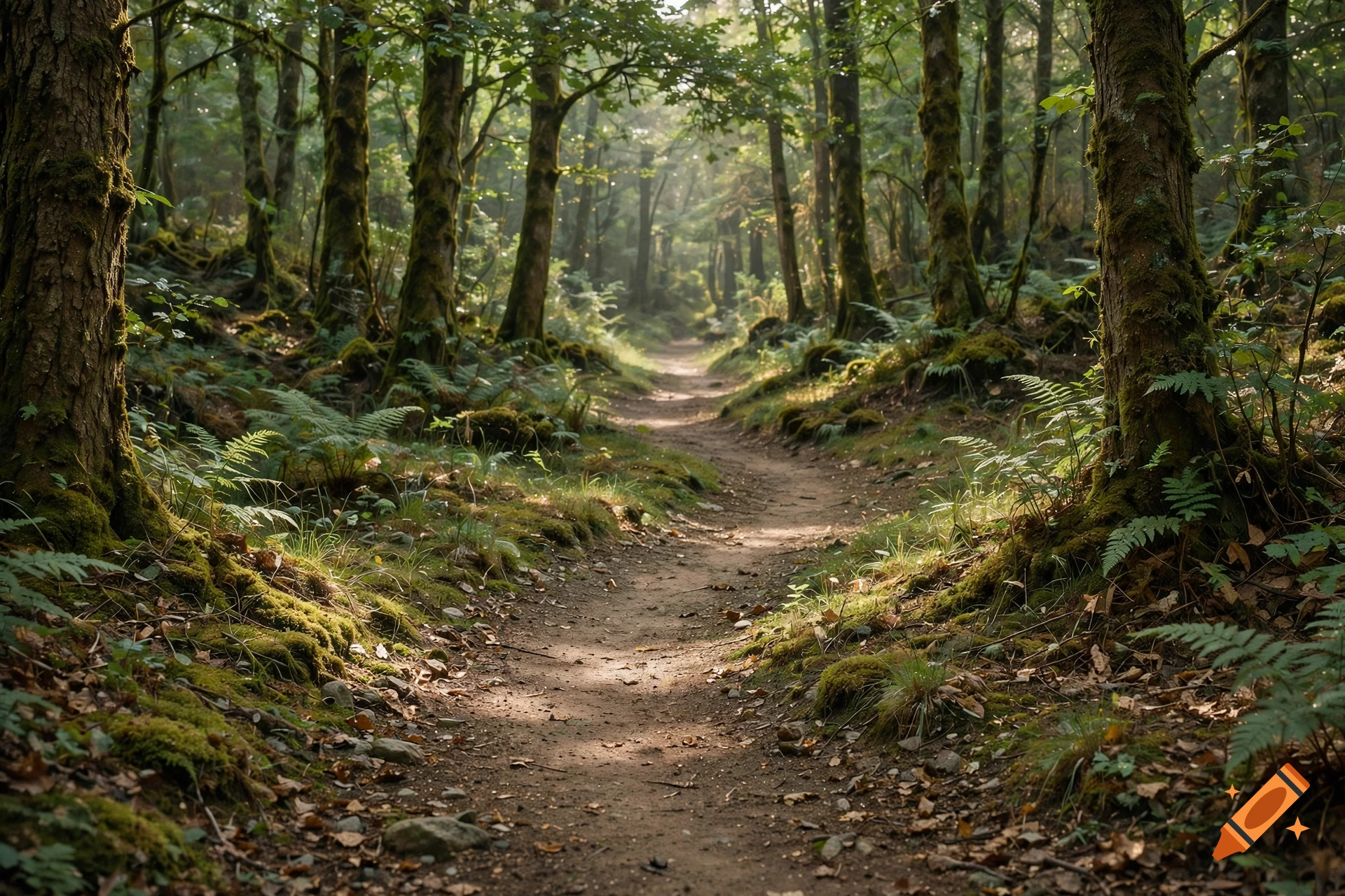 Photorealistic shot of a narrow dirt path winding through a lush, green mossy forest with dappled sunlight filtering through tall trees.