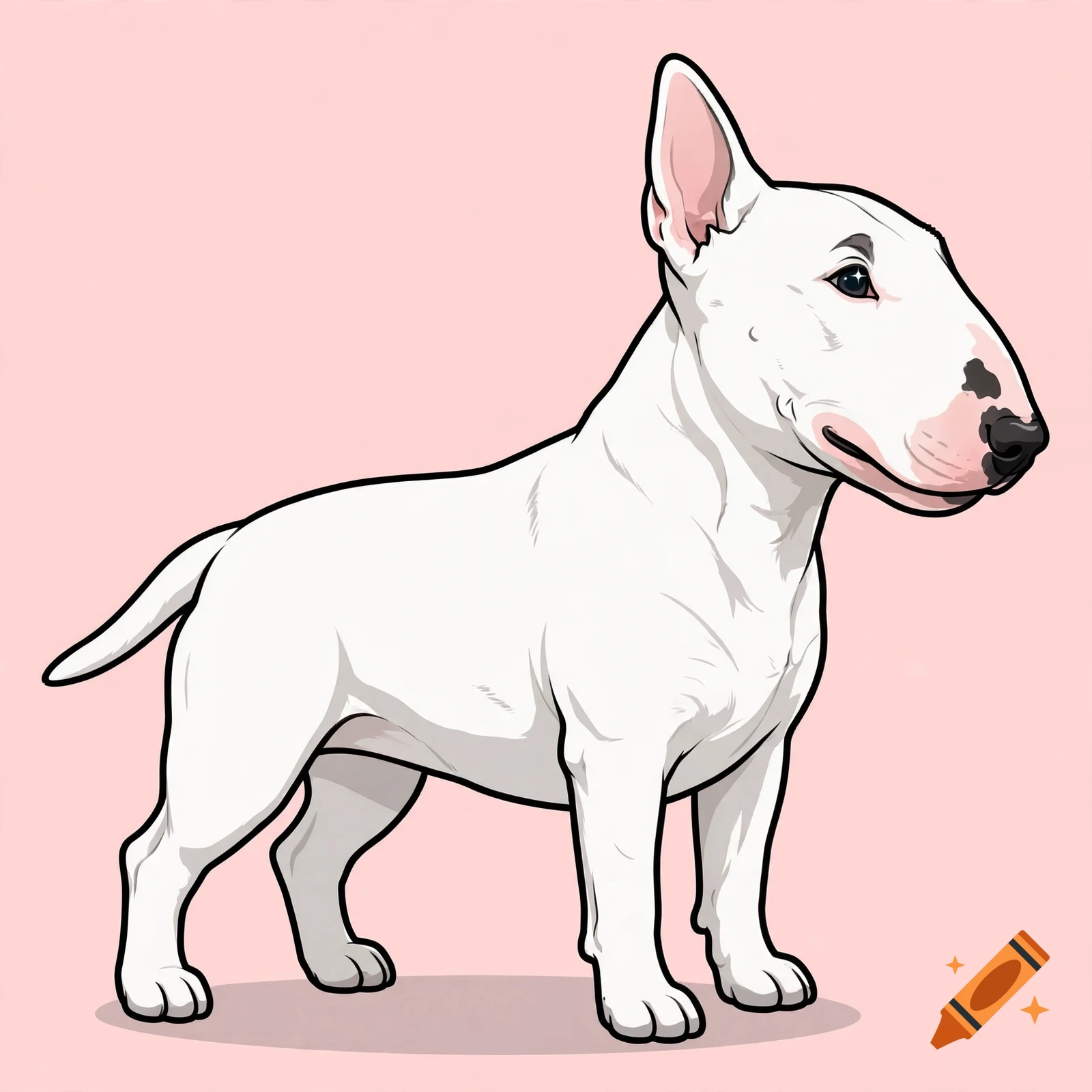 Clipart style illustration of a white bull terrier with a pink and black nose standing against a light pink background.