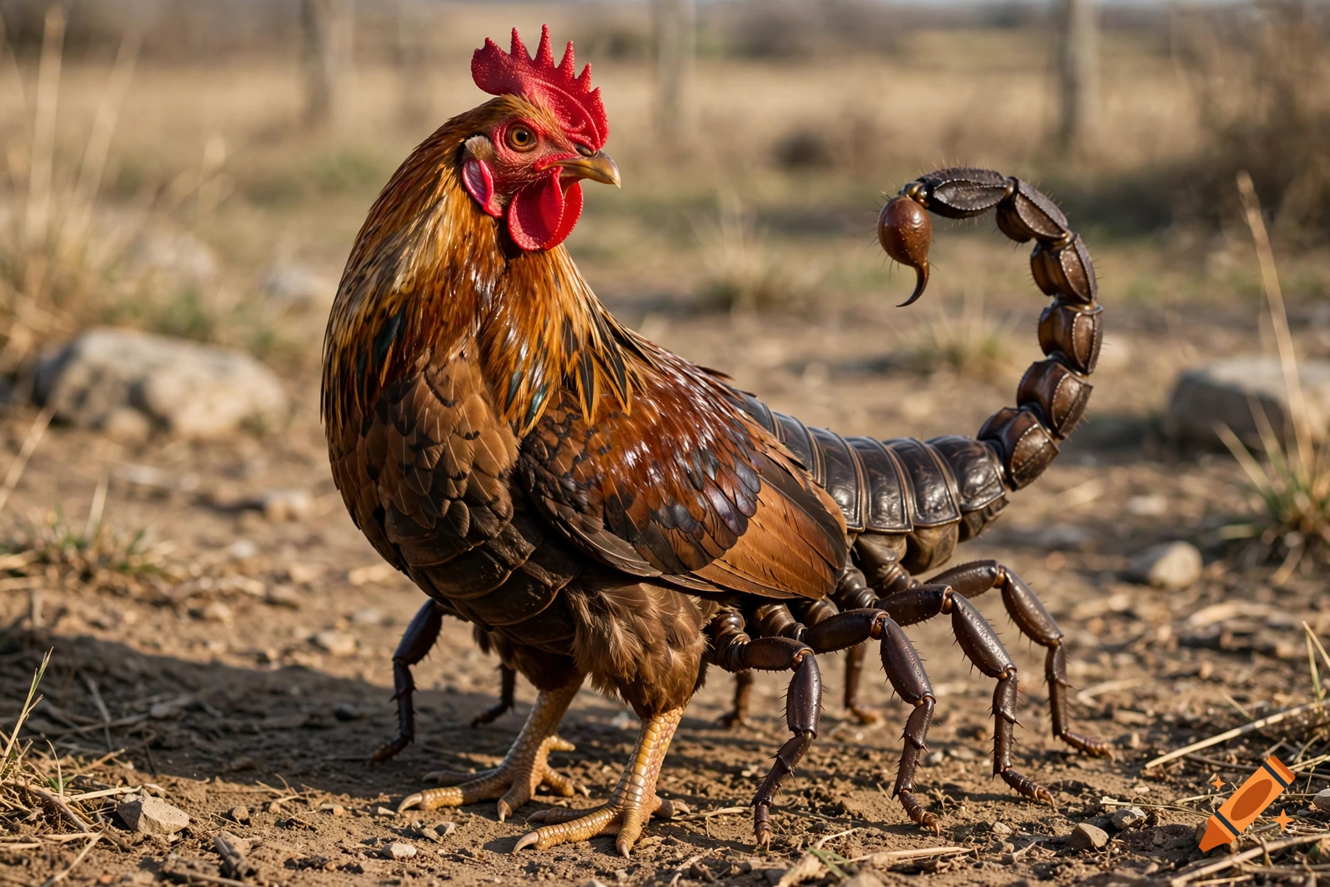 Photorealistic hybrid creature combining the head, neck, and feet of a rooster with the body and stinging tail of a scorpion on a dirt ground.