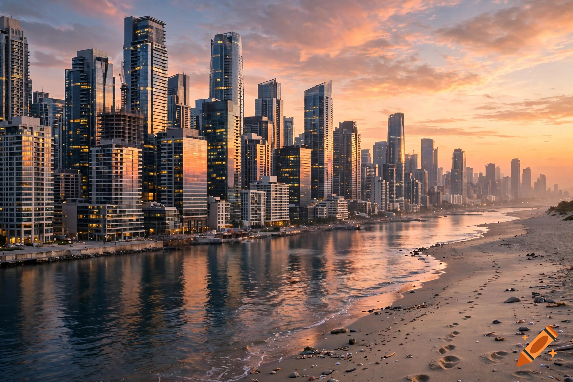 A bustling modern city skyline with towering skyscrapers standing alongside a sandy beach and reflective calm water during a warm sunset.