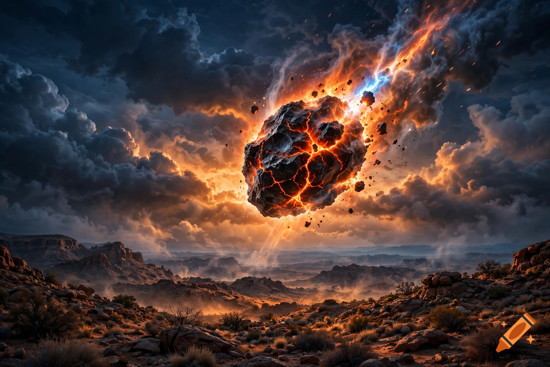 A fiery meteor streaks through a dramatic, cloudy sky, illuminating a rugged, rocky landscape below.