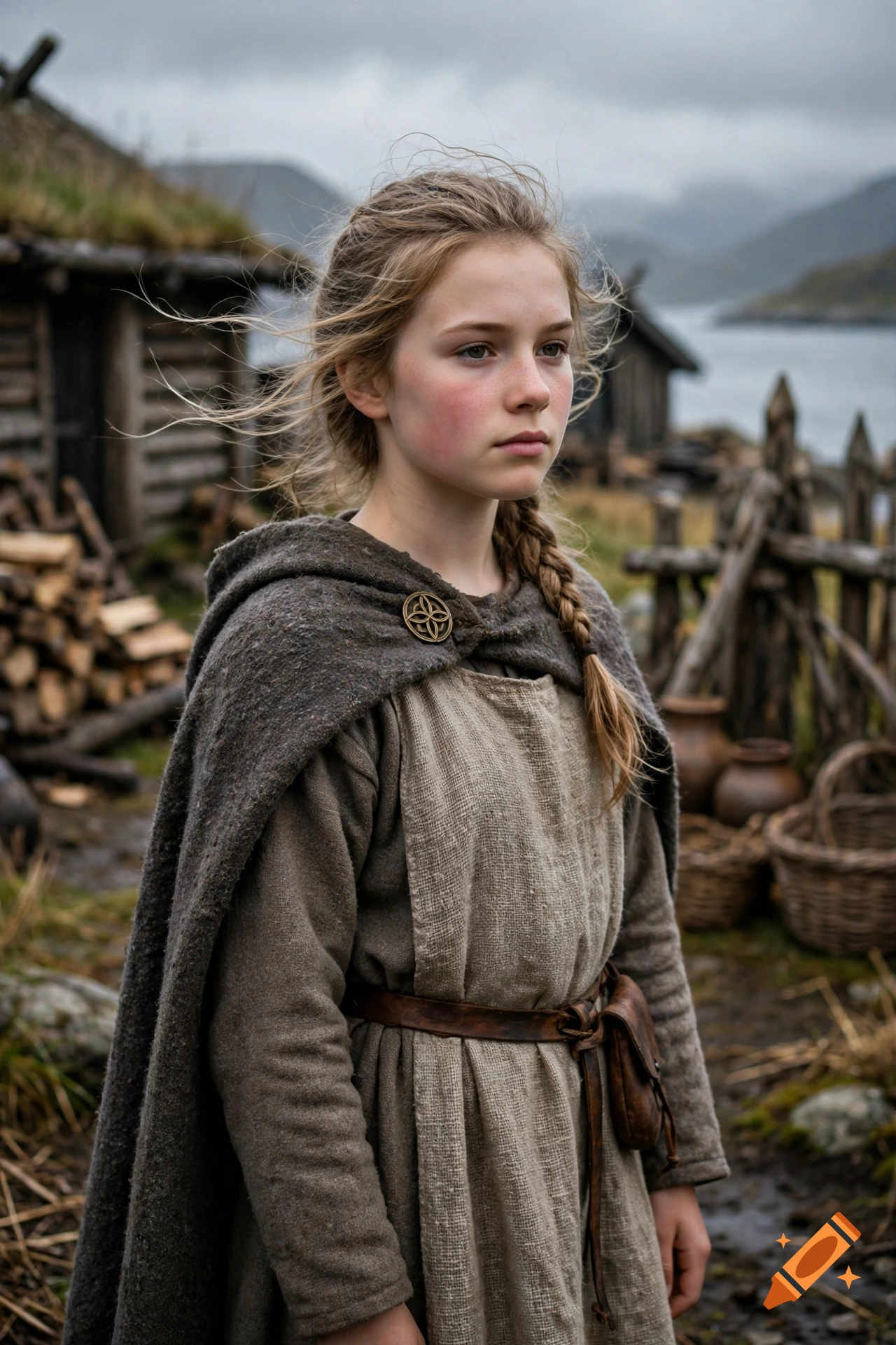 Photorealistic medium shot of a young Viking girl with a braid and cloak standing outdoors near wooden buildings.