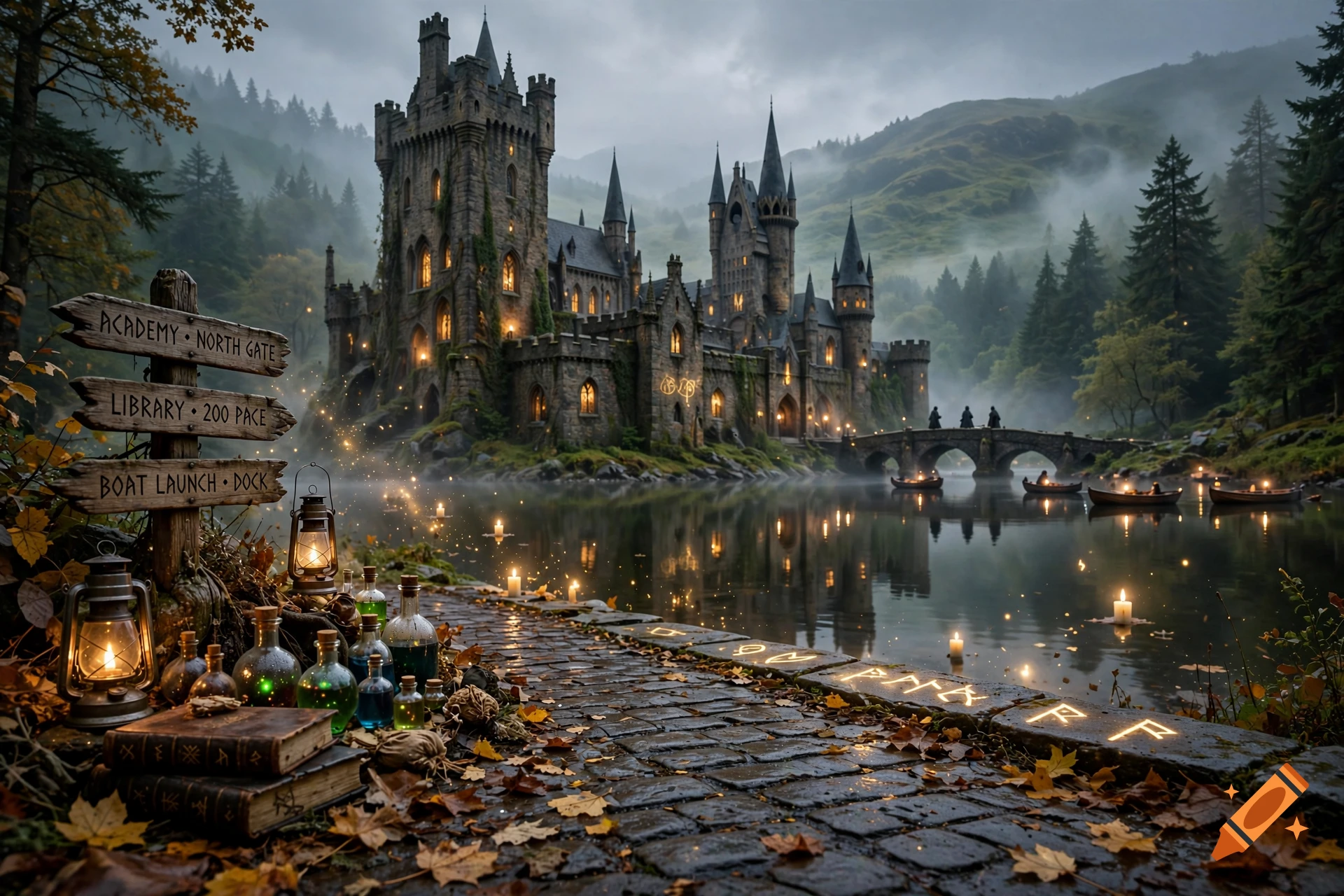 Detailed digital painting of a mystical castle by a lake with glowing potions and wooden signs, inspired by Harry Potter.