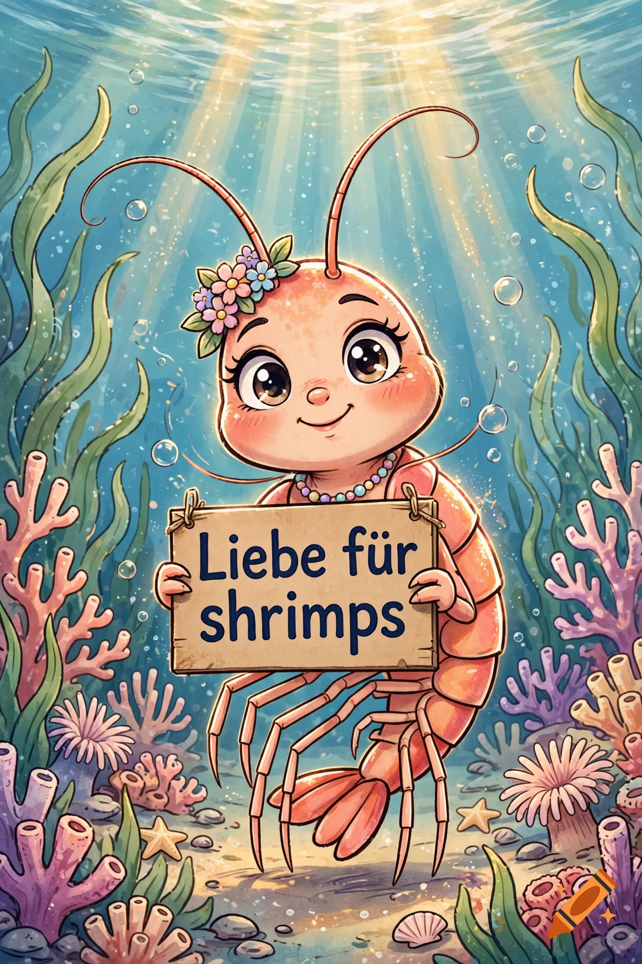 Colorful comic-style illustration of a cute female shrimp wearing a flower crown, holding a sign that reads 'Liebe für shrimps' underwater.