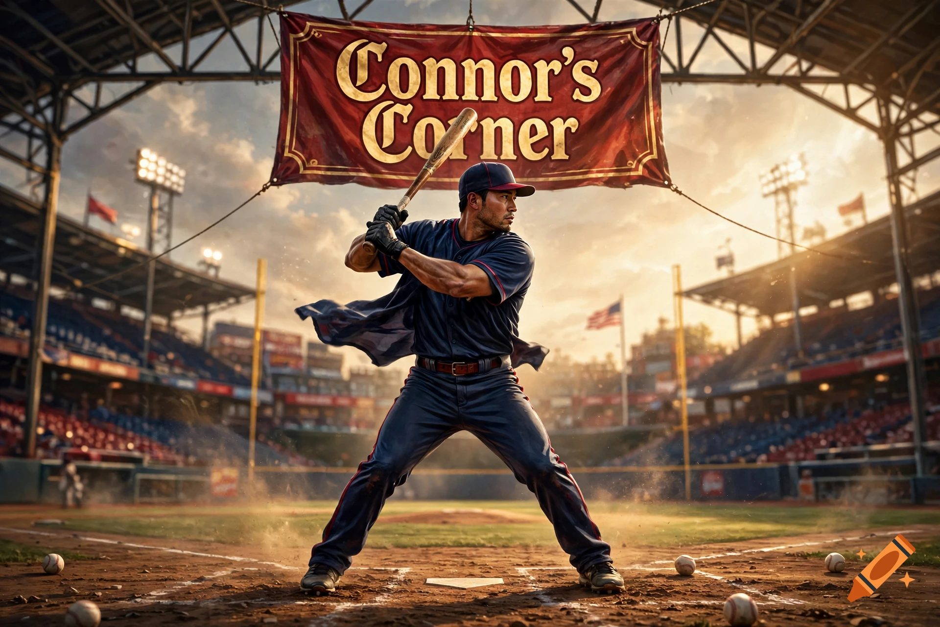 A photorealistic image of a baseball player holding a bat in a stadium, with a banner overhead reading Connor's Corner.