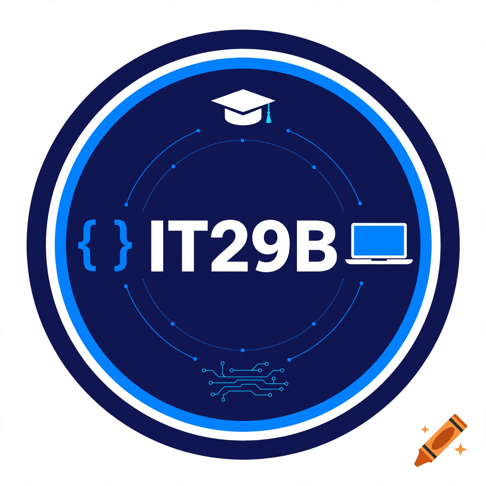 Round blue and dark blue digital logo with the text IT29B, a graduation cap, code brackets, and a laptop icon.