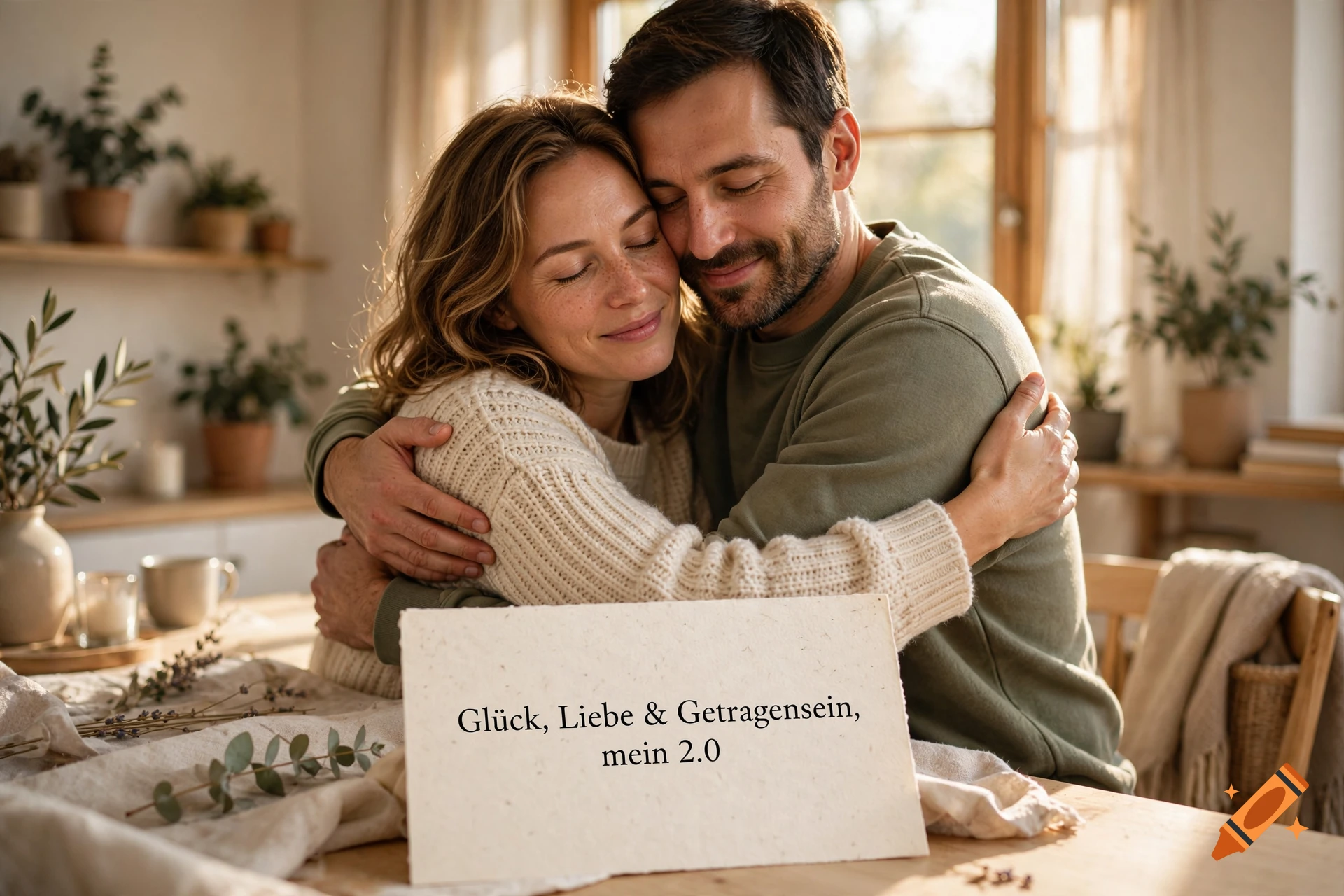 A man and a woman embracing lovingly in a cozy, sunlit kitchen, with a sign in the foreground reading 'Glück, Liebe & Getragensein, mein 2.0'.