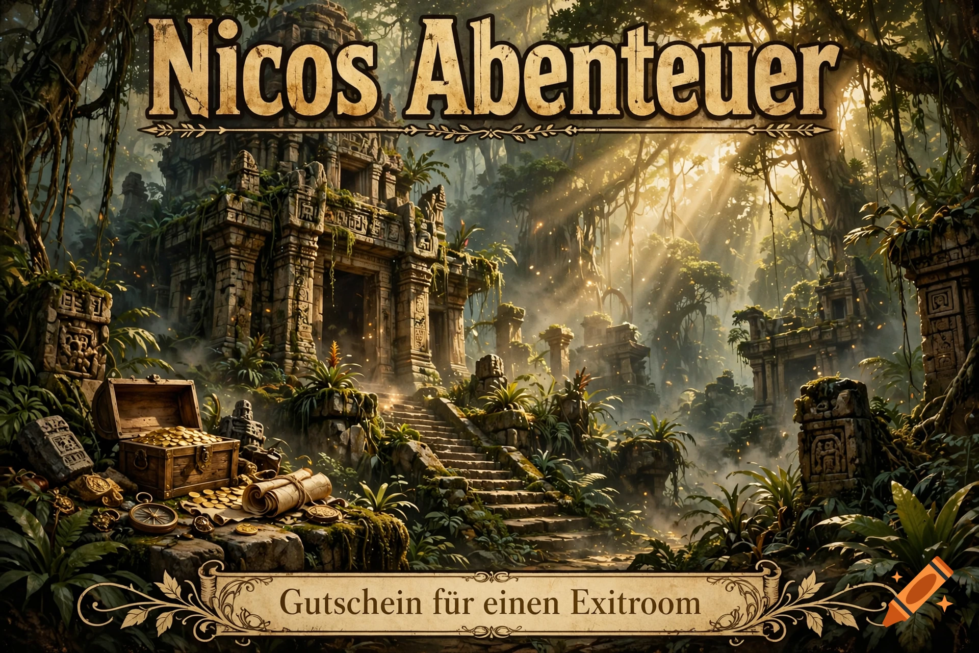 Indiana Jones style ancient jungle temple with a treasure chest of gold coins and scrolls, featuring text headers.