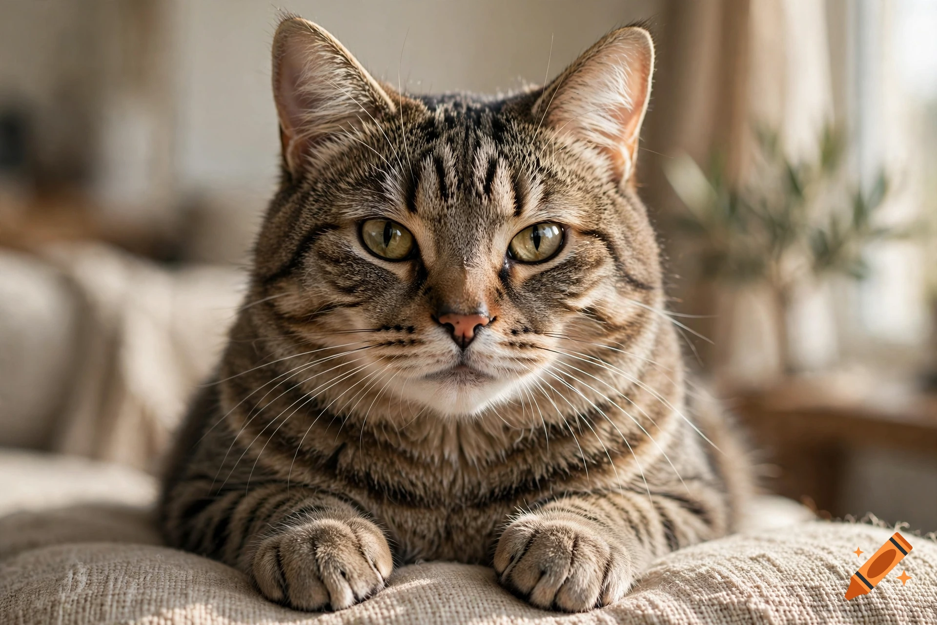 Photorealistic close-up of a tabby cat lying down on a soft surface indoors.