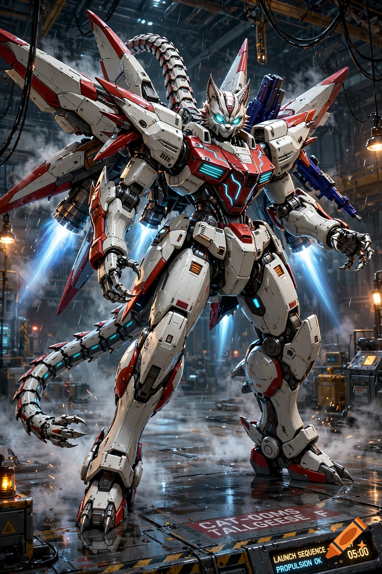 A detailed mecha robot inspired by a cat, standing in a futuristic hangar with glowing blue lights and smoke.