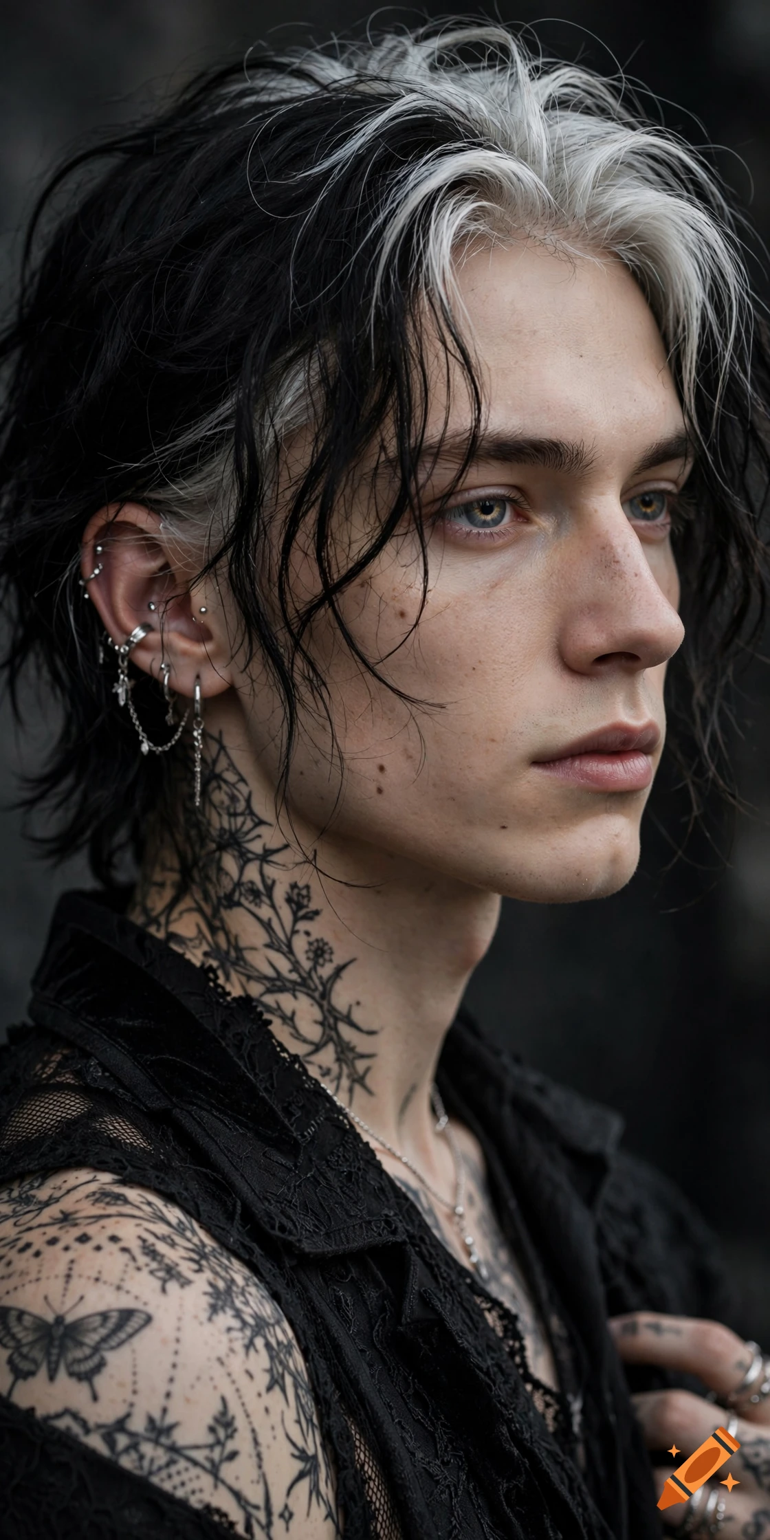 Photorealistic close-up portrait of a young person with black and white hair, facial piercings, and detailed neck tattoos.