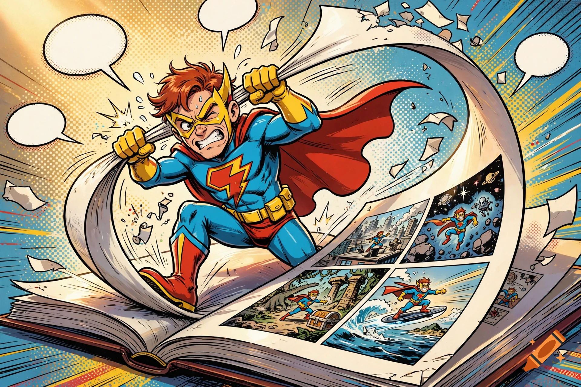 Comic book style illustration of a superhero character trying to turn a page of his own comic book.