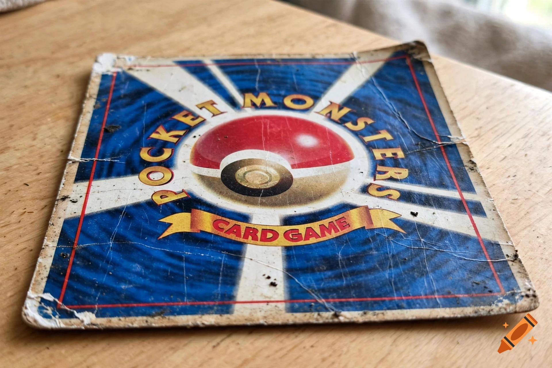 Close-up of the heavily worn, aged reverse side of a Japanese Pokémon trading card resting on a wooden surface.