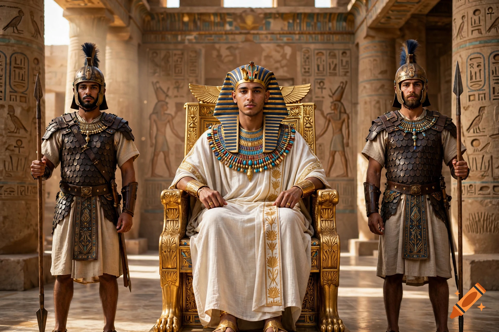Photorealistic image of a young Egyptian pharaoh seated on a golden throne flanked by two guards in armor inside an ancient temple.