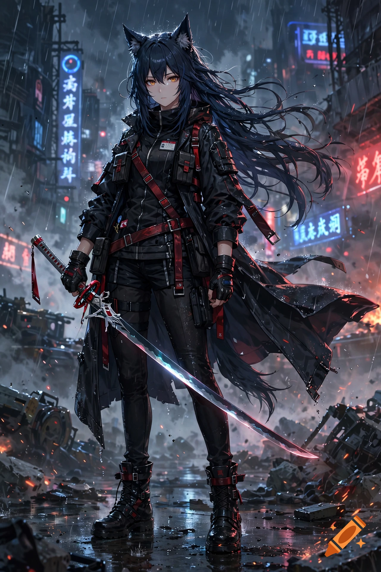 Anime style illustration of a female character with wolf ears and black hair, holding a sword in a rainy cyberpunk city.