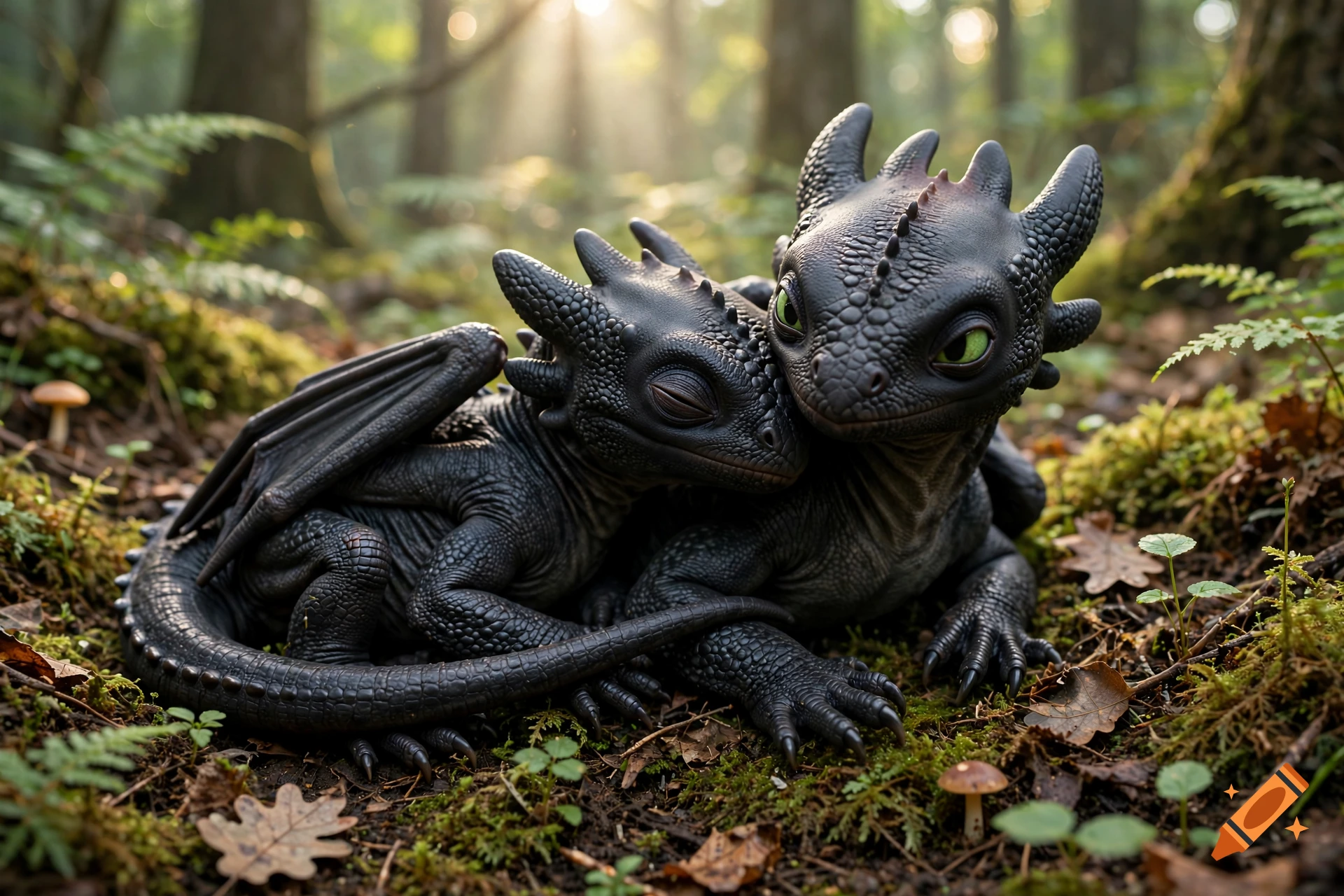 Photorealistic image of two baby black dragons cuddling on mossy forest ground with soft sunlight filtering through the trees.