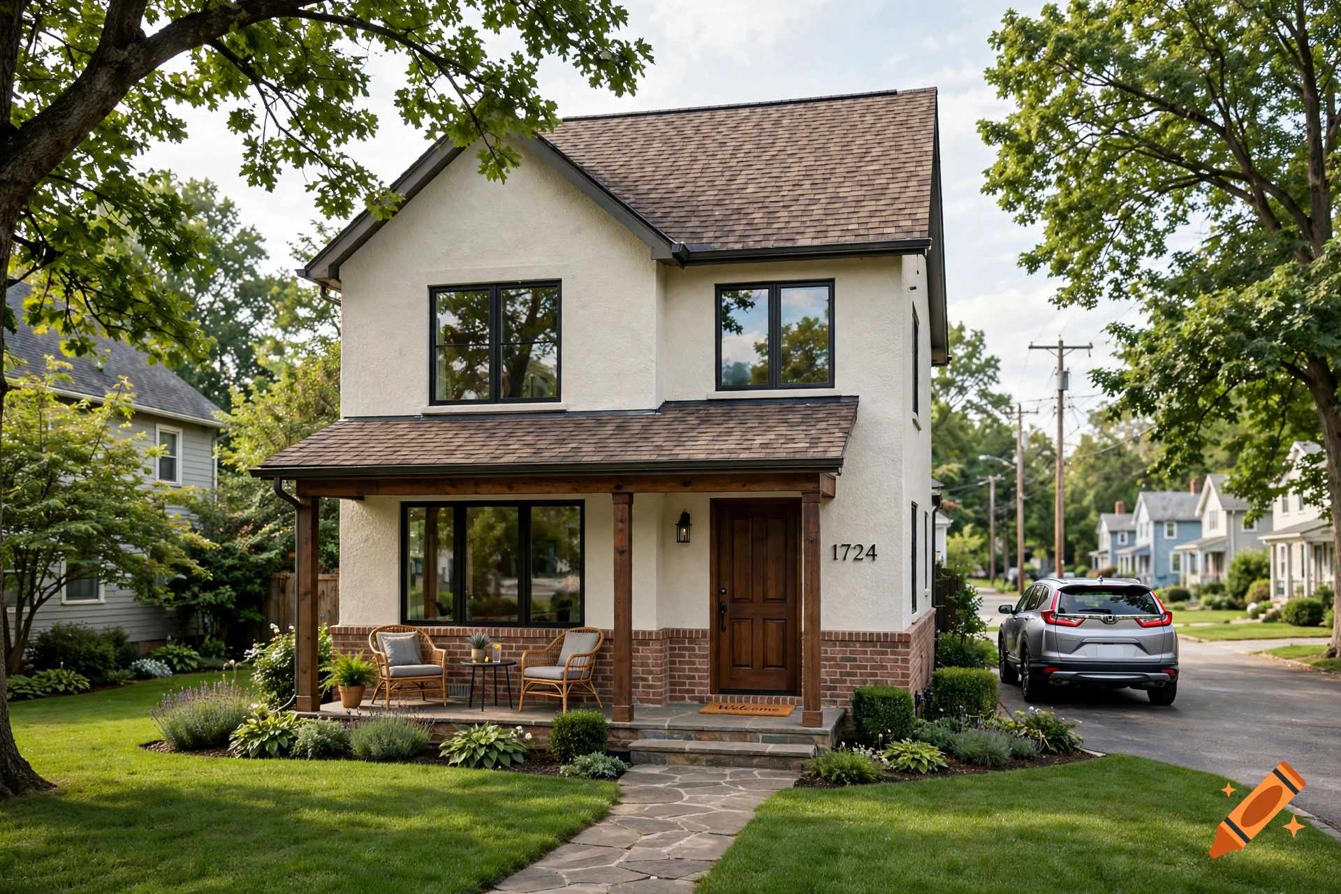 Photorealistic two-story suburban house with white stucco, dark windows, a front porch, and a car parked in the driveway.