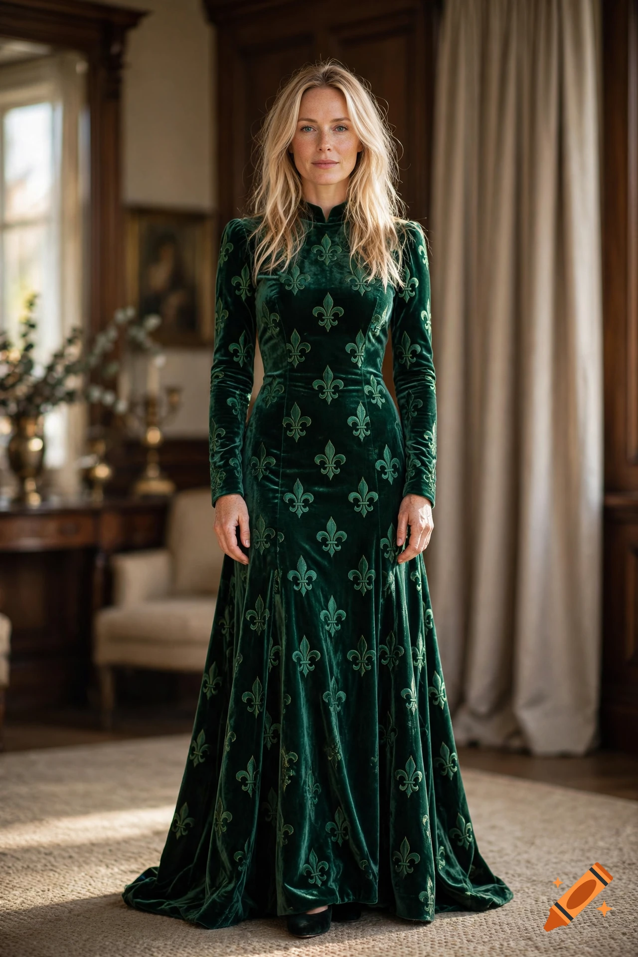 Photorealistic full-length portrait of a blonde woman wearing an emerald green velvet dress with fleur-de-lis patterns in a classic interior room.