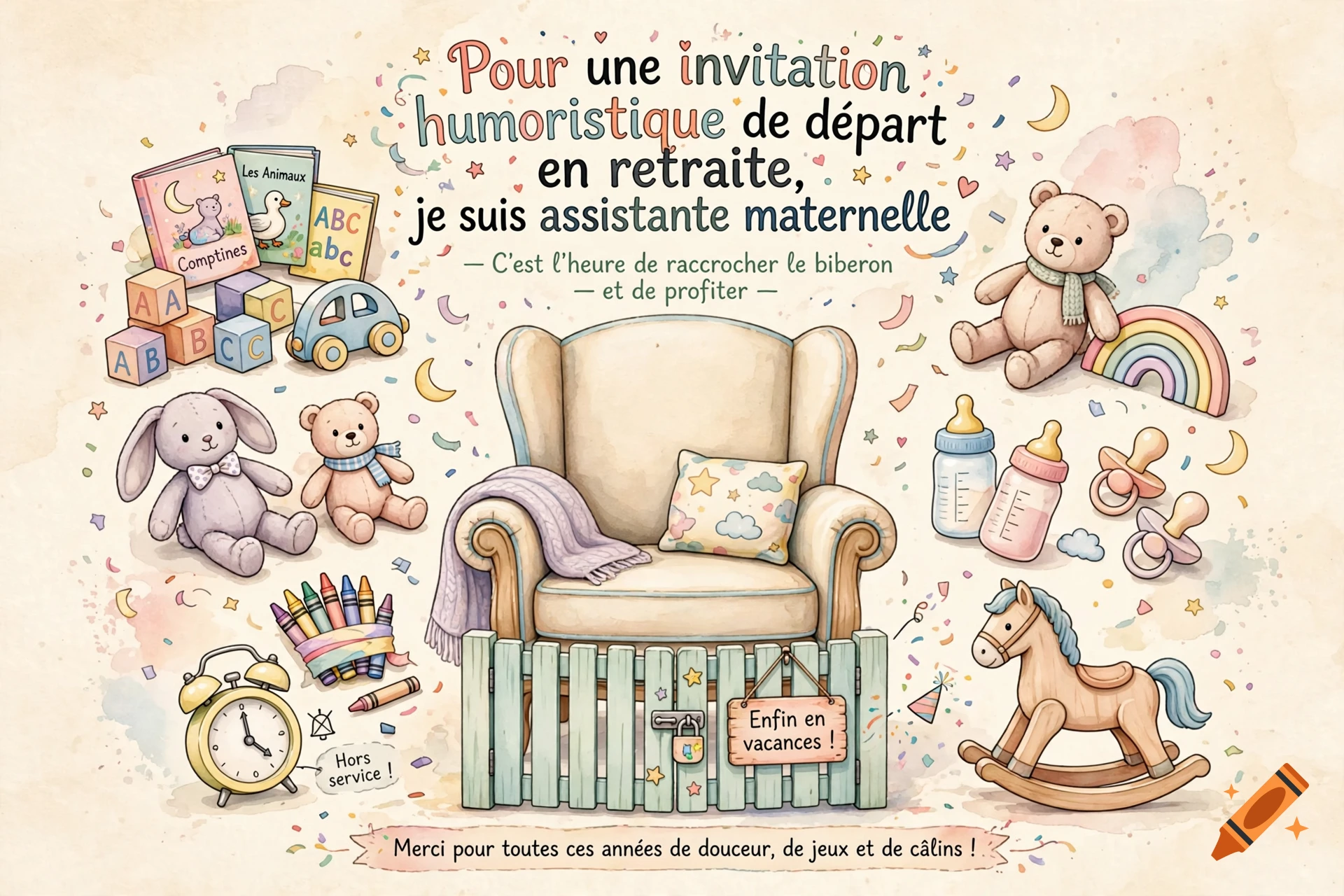 Watercolor illustration of a baby nursery with an armchair, toys, baby bottles, and French retirement greeting text.